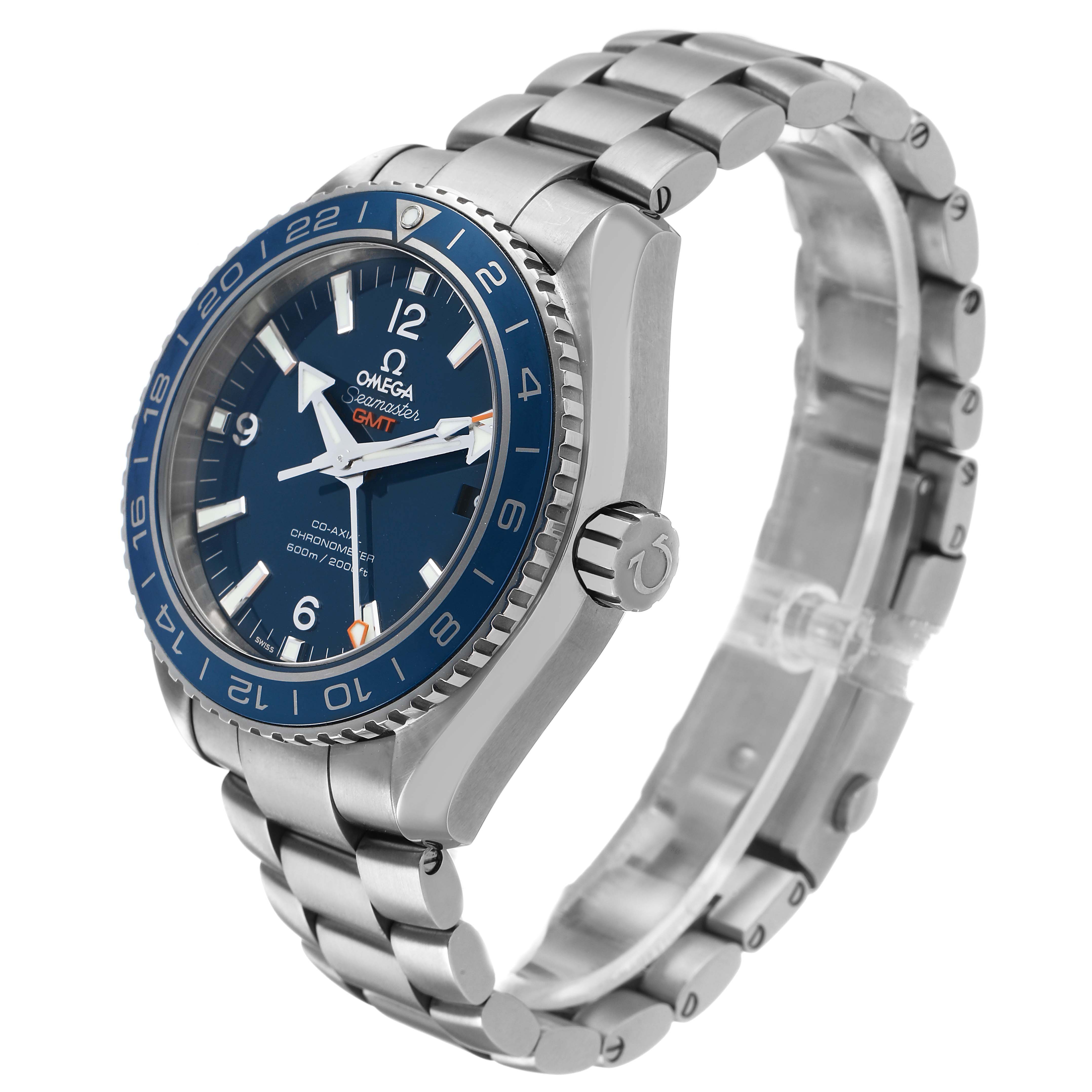 The Omega Seamaster 232.90.44.22.03.001 Men's Titanium Blue Dial watch is shown from a side angle, highlighting the bezel, crown, and bracelet.