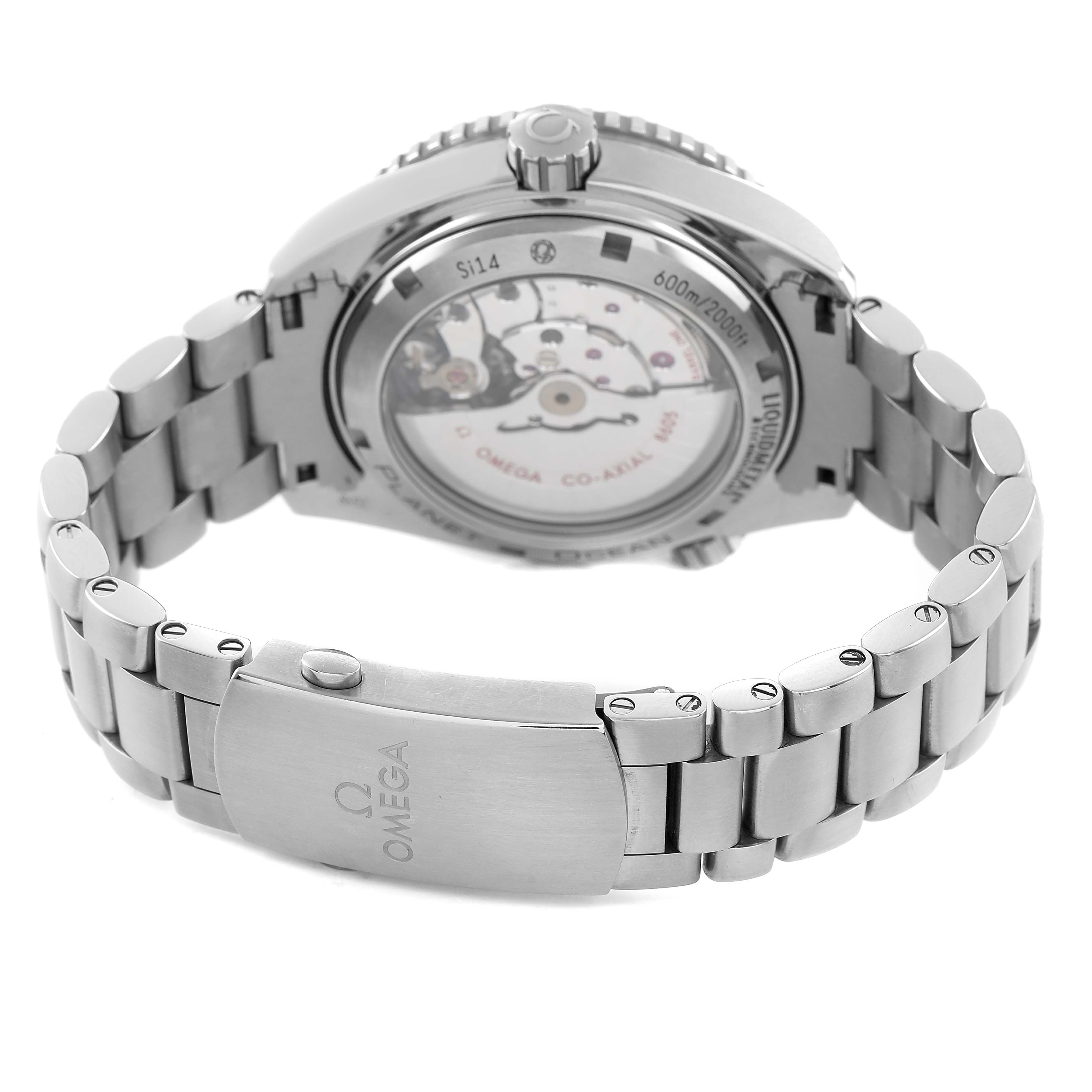 The image shows the back and clasp of an Omega Seamaster 232.90.44.22.03.001 Men's Titanium Blue Dial, highlighting the transparent case back and stainless steel bracelet.