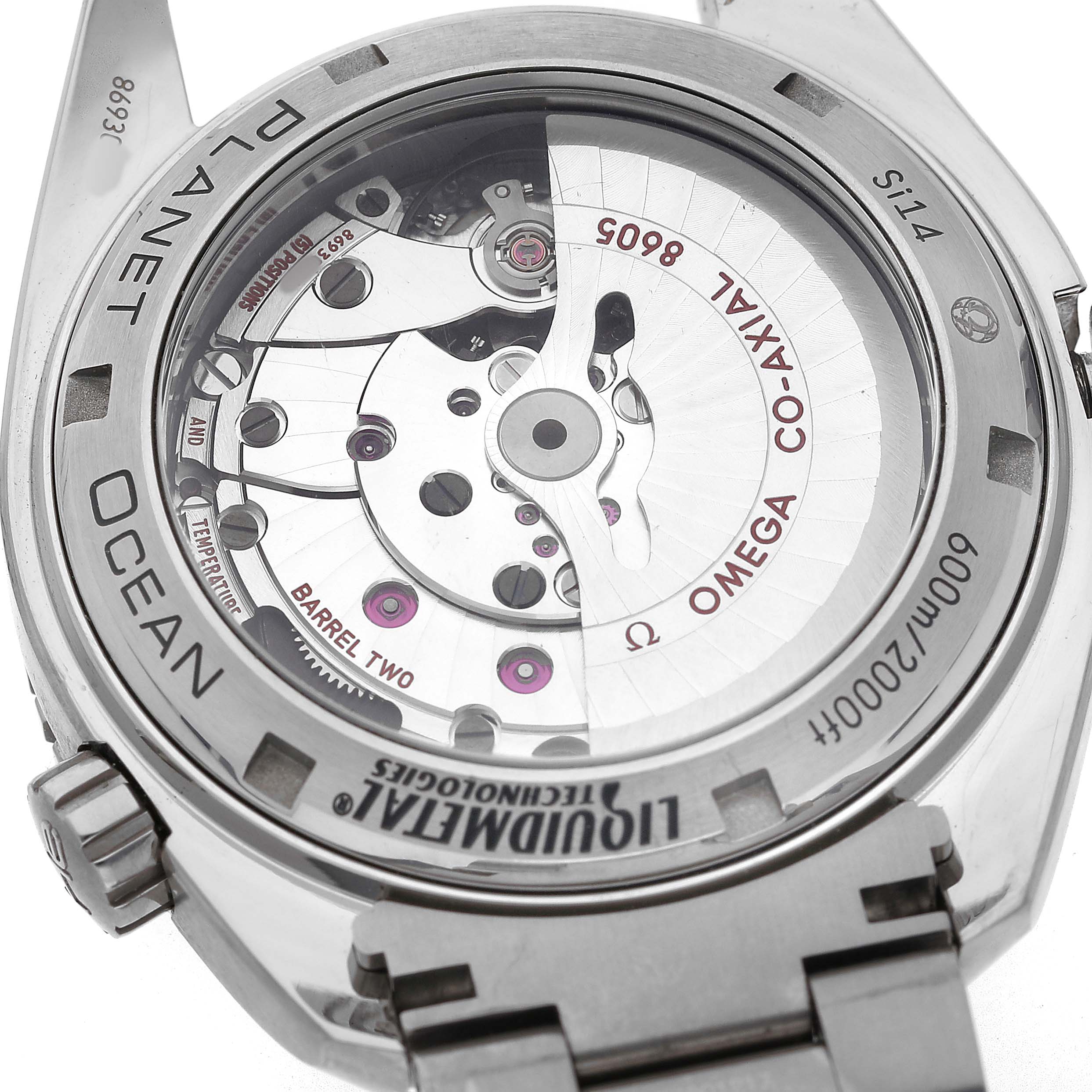 The image shows the back of an Omega Seamaster 232.90.44.22.03.001 Men's Titanium Blue Dial, displaying its exposed movement and internal mechanisms.