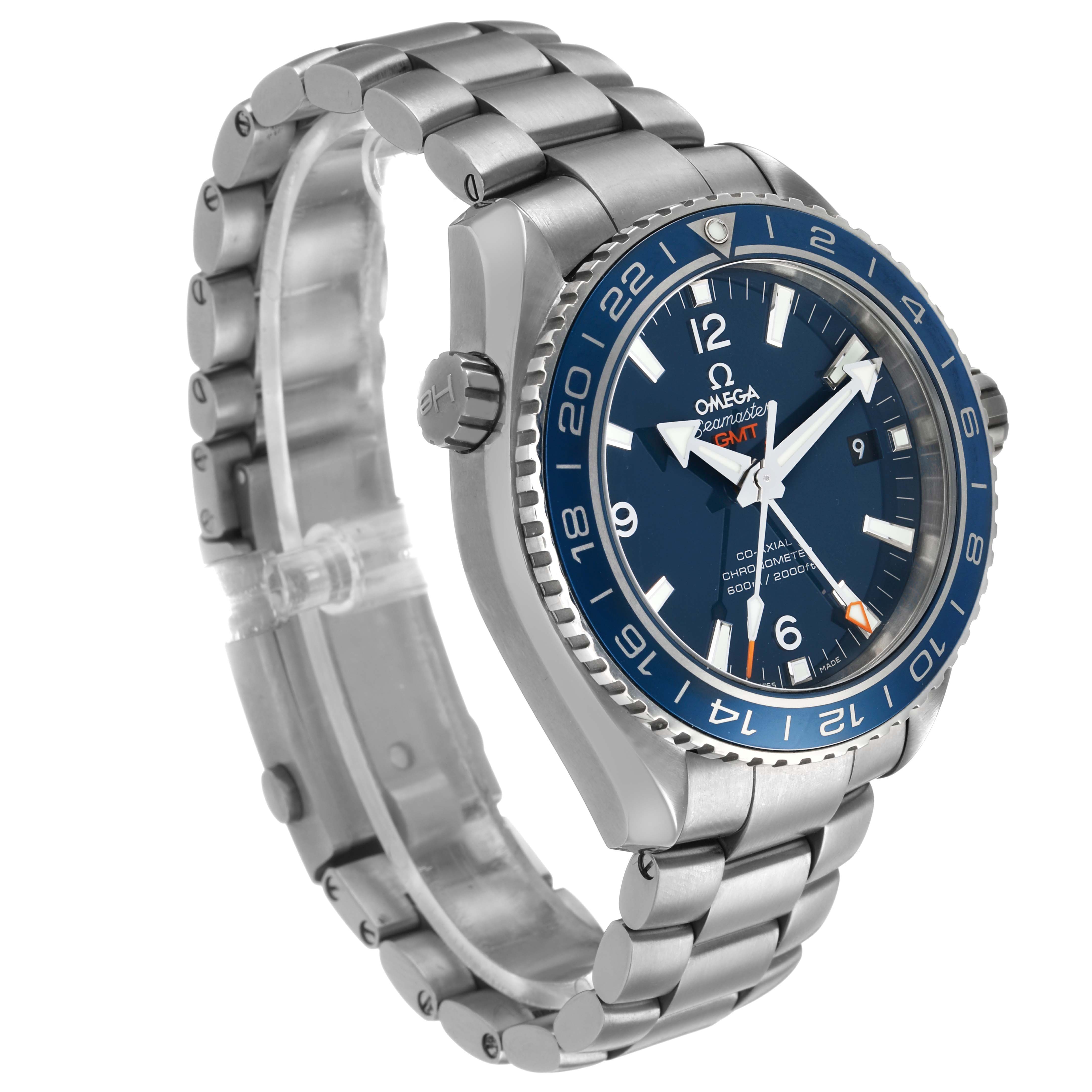 The Omega Seamaster 232.90.44.22.03.001 Men's Titanium Blue Dial watch is shown at a three-quarter angle, highlighting the dial, bezel, crown, and metal bracelet.