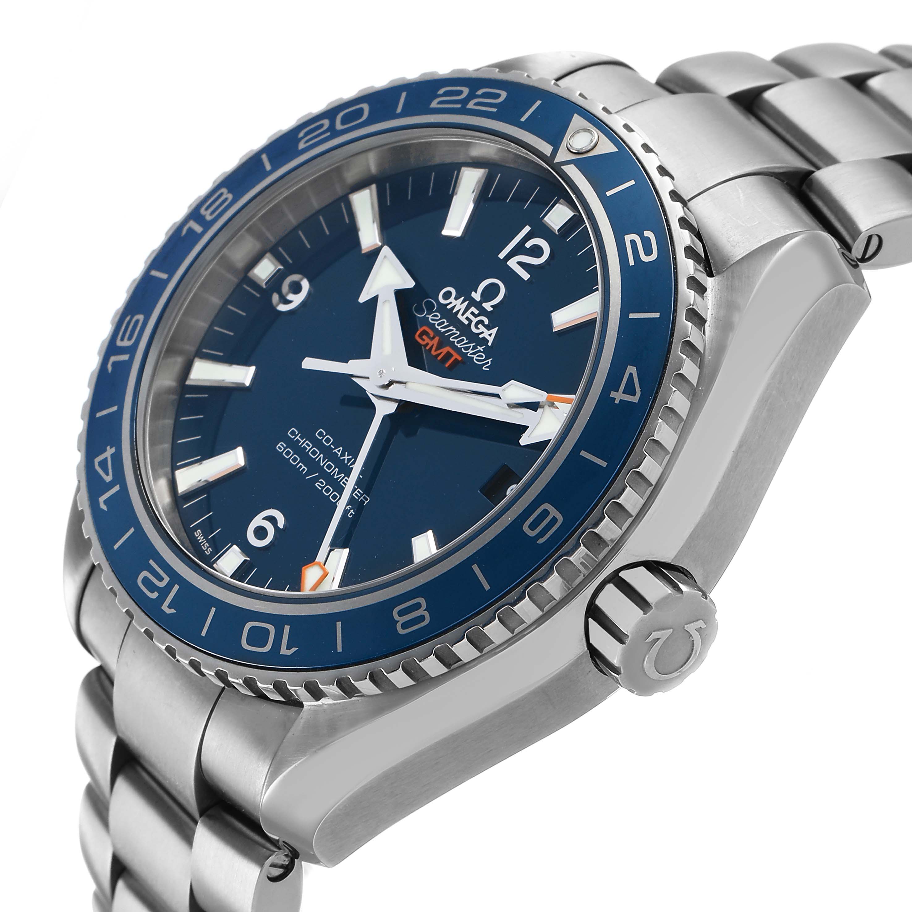 The Omega Seamaster 232.90.44.22.03.001 Men's Titanium Blue Dial watch is shown at an oblique angle, highlighting the blue dial, bezel, crown, and metal bracelet.