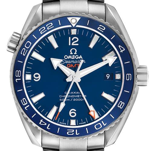 The Omega Seamaster 232.90.44.22.03.001 Men's Titanium Blue Dial watch is shown in a front view, displaying the dial, bezel, crown, and part of the bracelet.