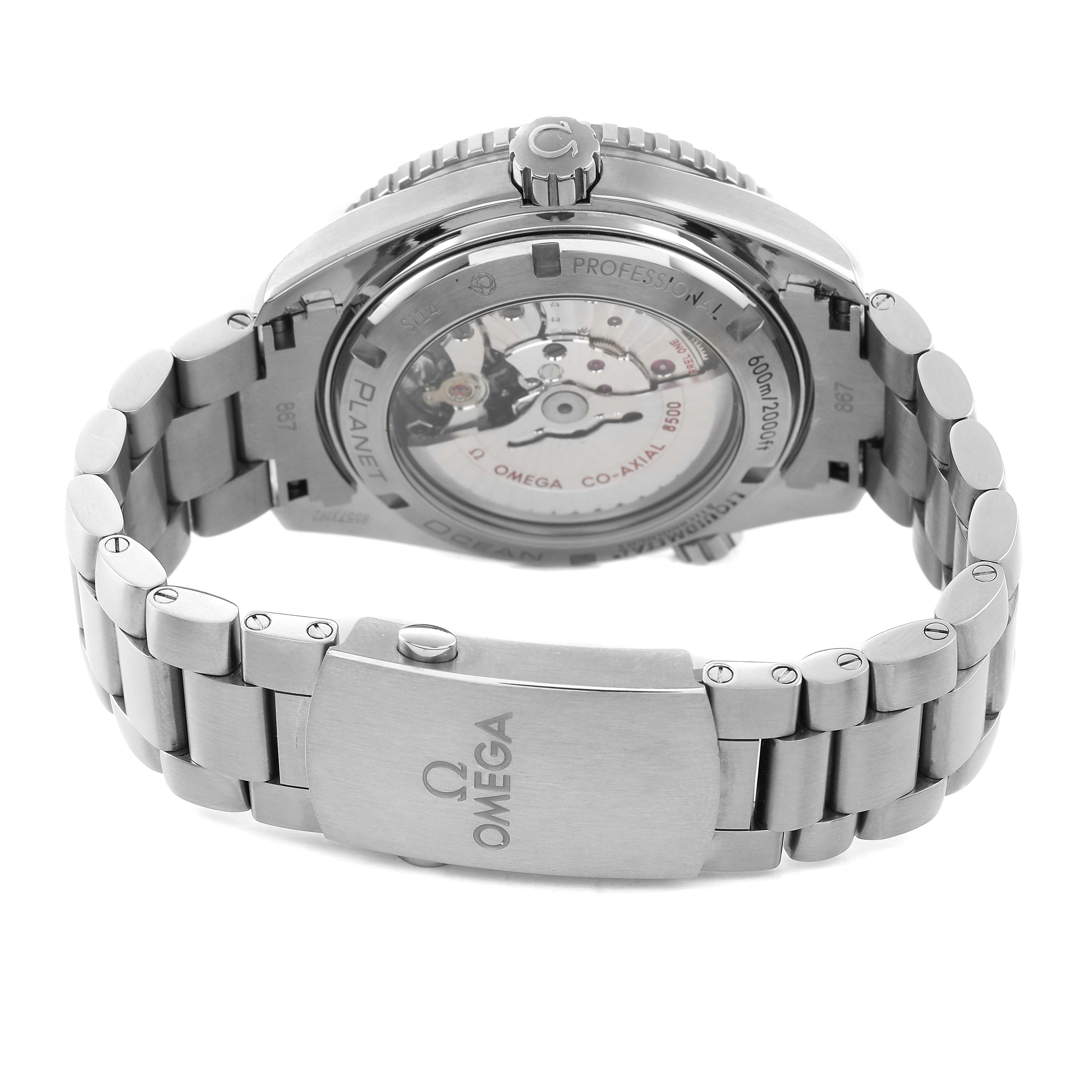 The image shows the back view of an Omega Seamaster 232.90.46.21.03.001 Men's Titanium Blue Dial watch, highlighting its case back, crown, and stainless steel bracelet.