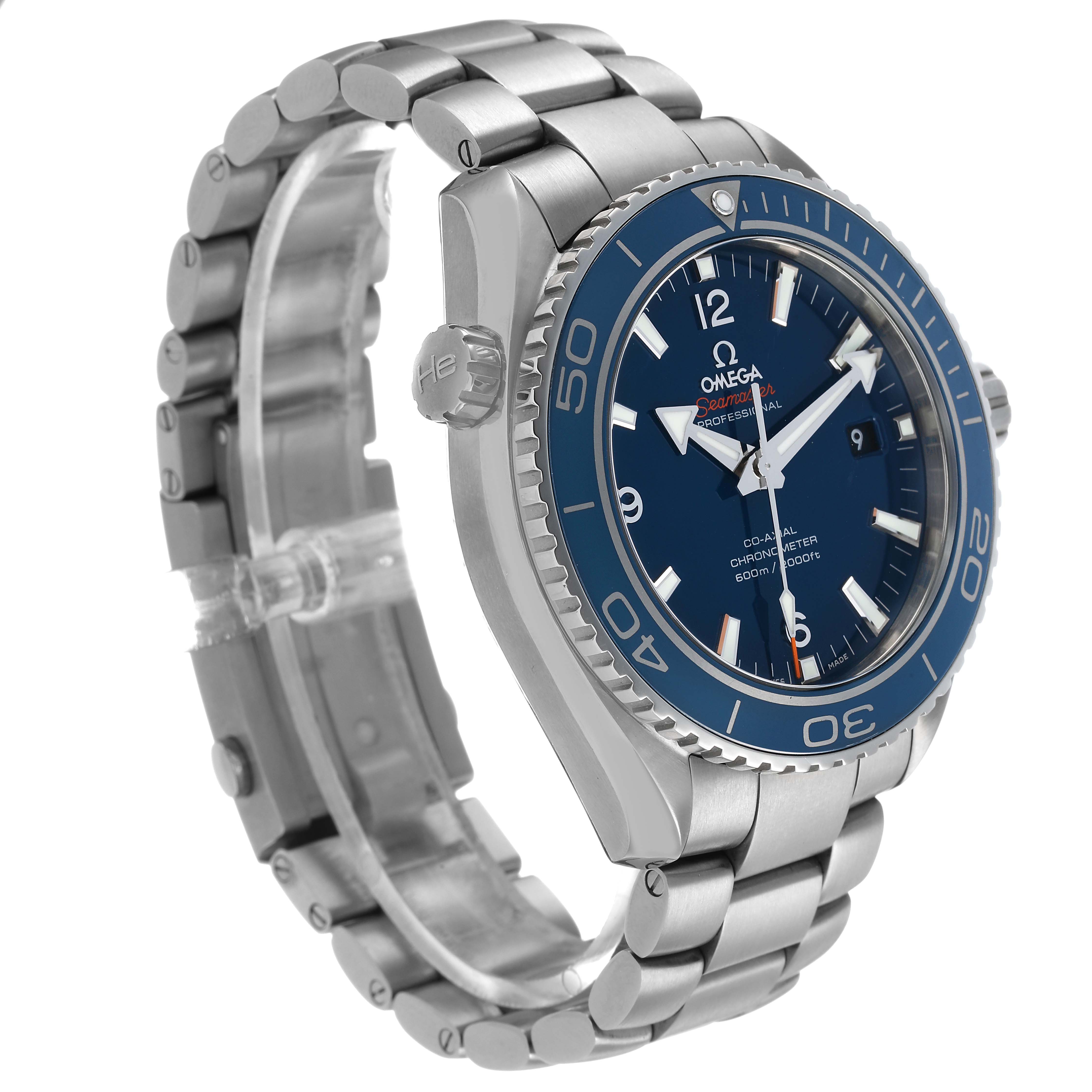 The Omega Seamaster 232.90.46.21.03.001 Men's Titanium Blue Dial is shown at a three-quarter angle, highlighting the face, bezel, bracelet, and crown.