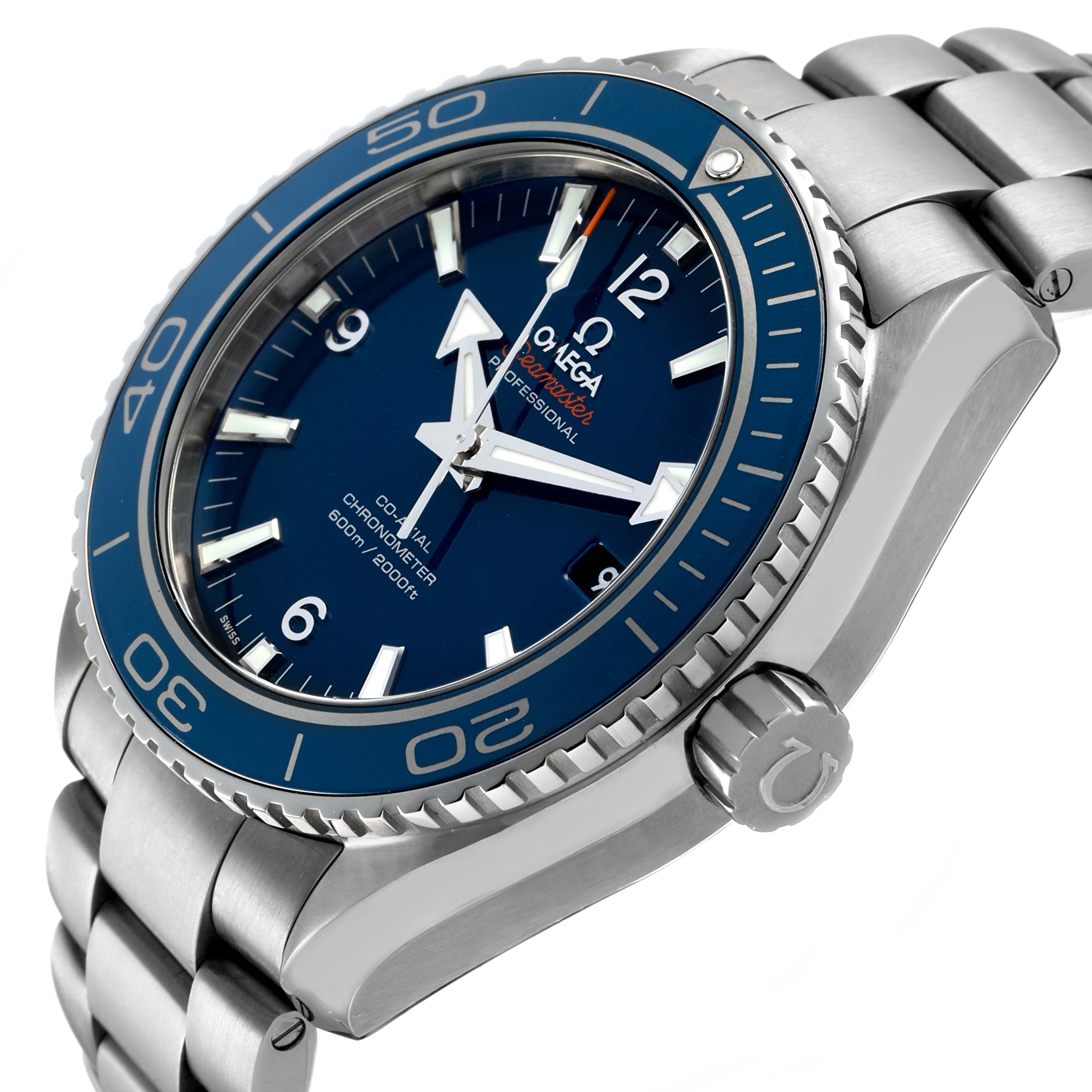 The Omega Seamaster 232.90.46.21.03.001 Men's Titanium Blue Dial watch is shown at an angle highlighting the side profile, bezel, crown, and stainless steel bracelet.