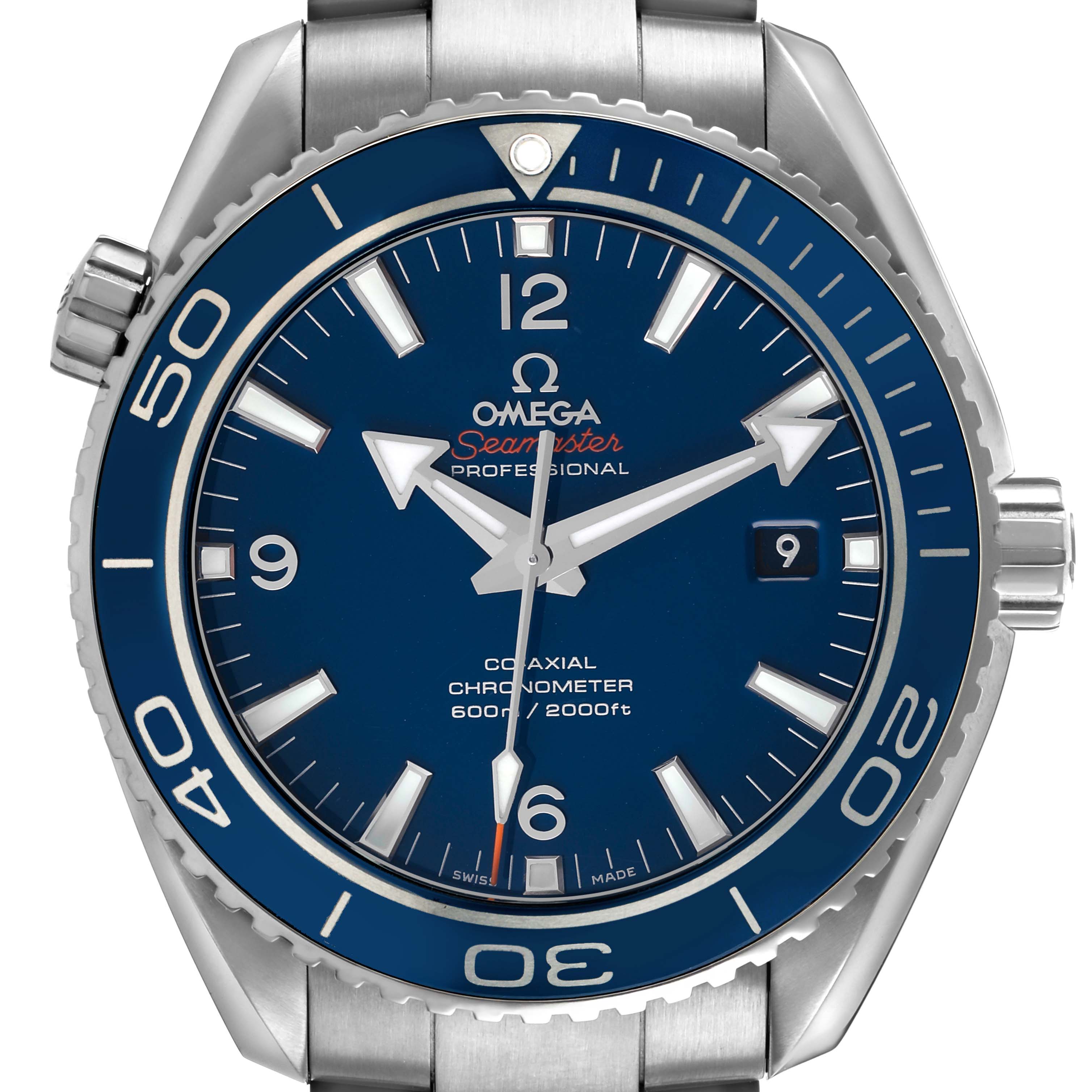 The Omega Seamaster 232.90.46.21.03.001 Men's Titanium Blue Dial watch is shown from a frontal angle, highlighting the dial, bezel, and partial bracelet.
