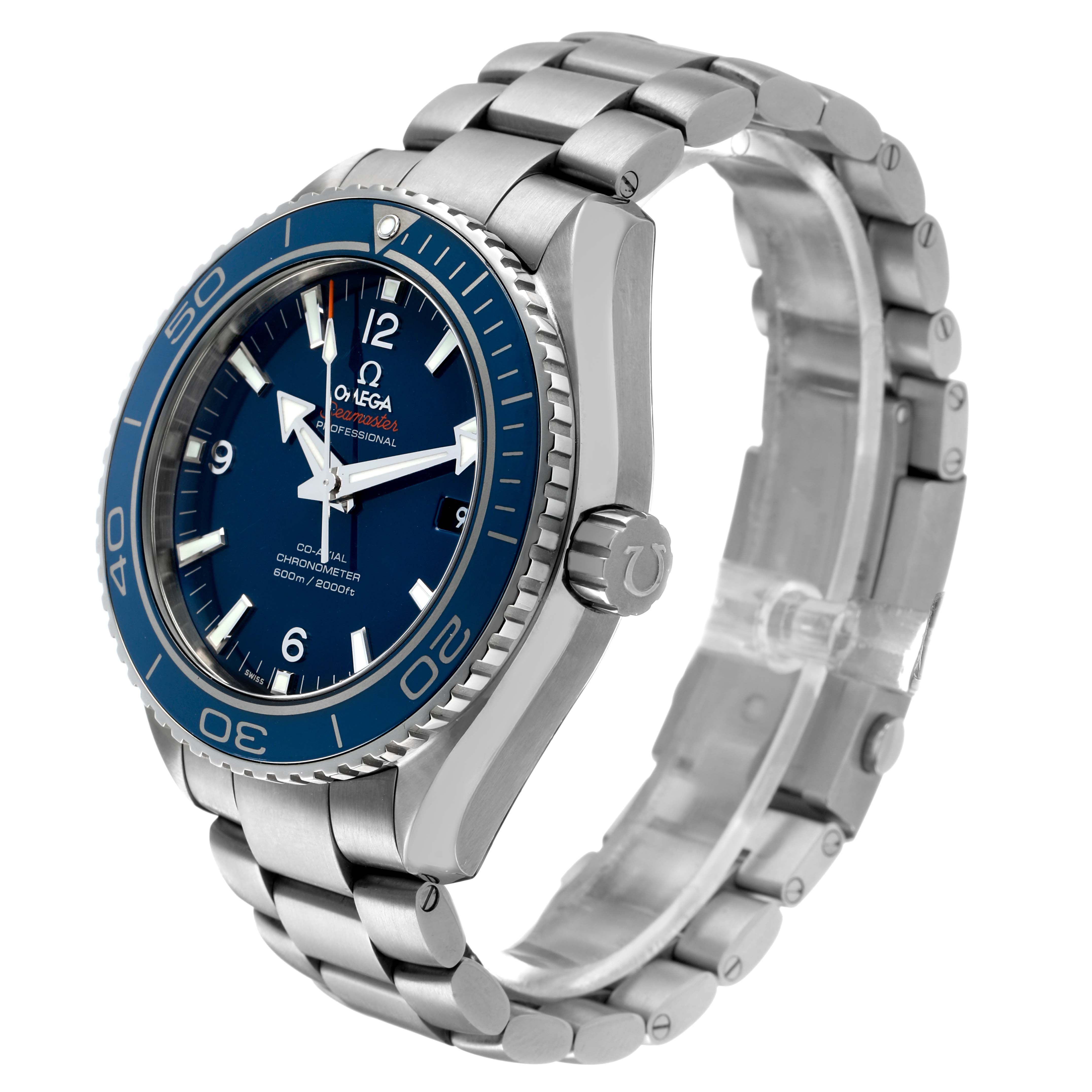The Omega Seamaster 232.90.46.21.03.001 Men's Titanium Blue Dial watch is shown at a side angle, highlighting the face, bezel, crown, and bracelet.