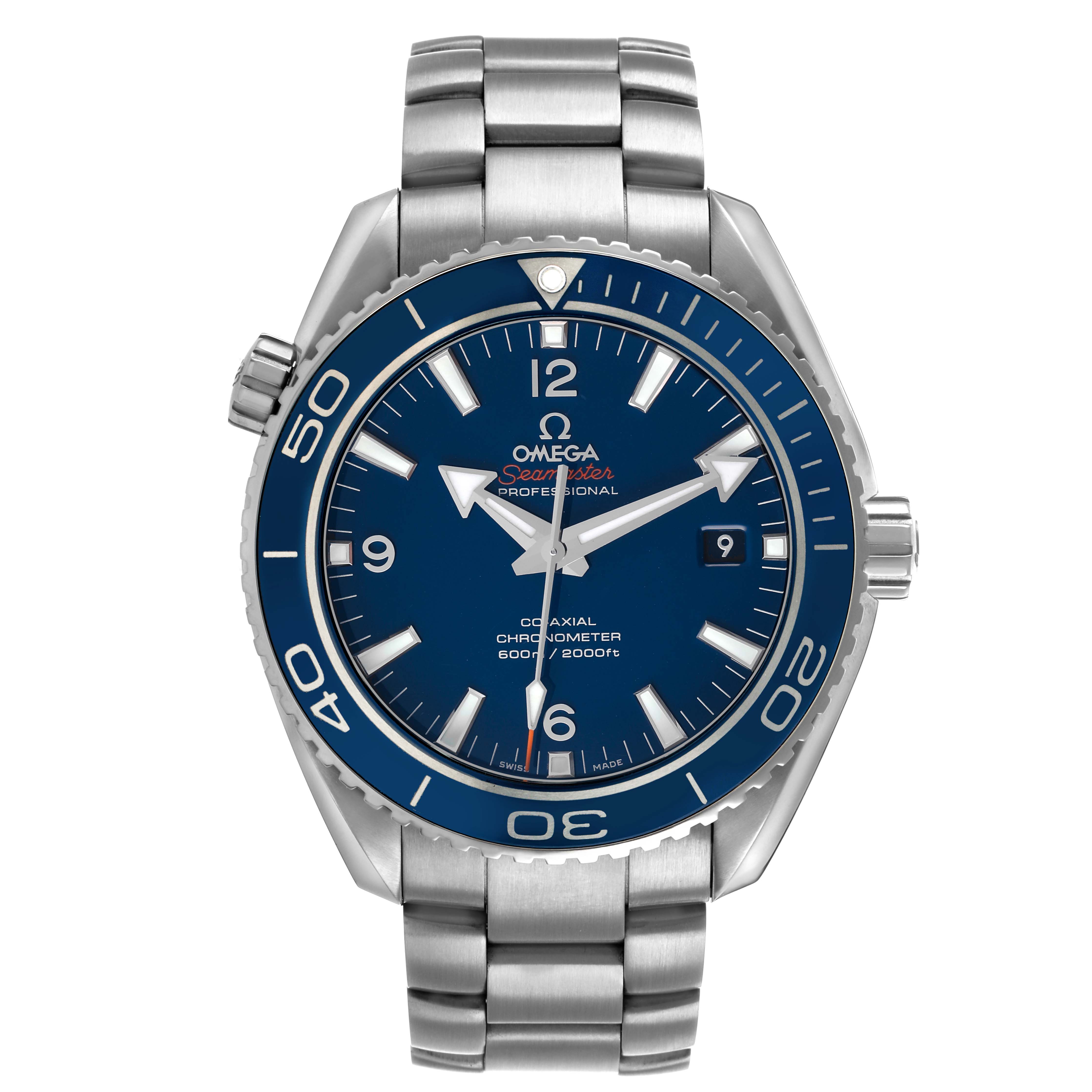 The Omega Seamaster 232.90.46.21.03.001 Men's Titanium Blue Dial watch is shown from a front angle, displaying the face, bezel, crown, and metal bracelet.