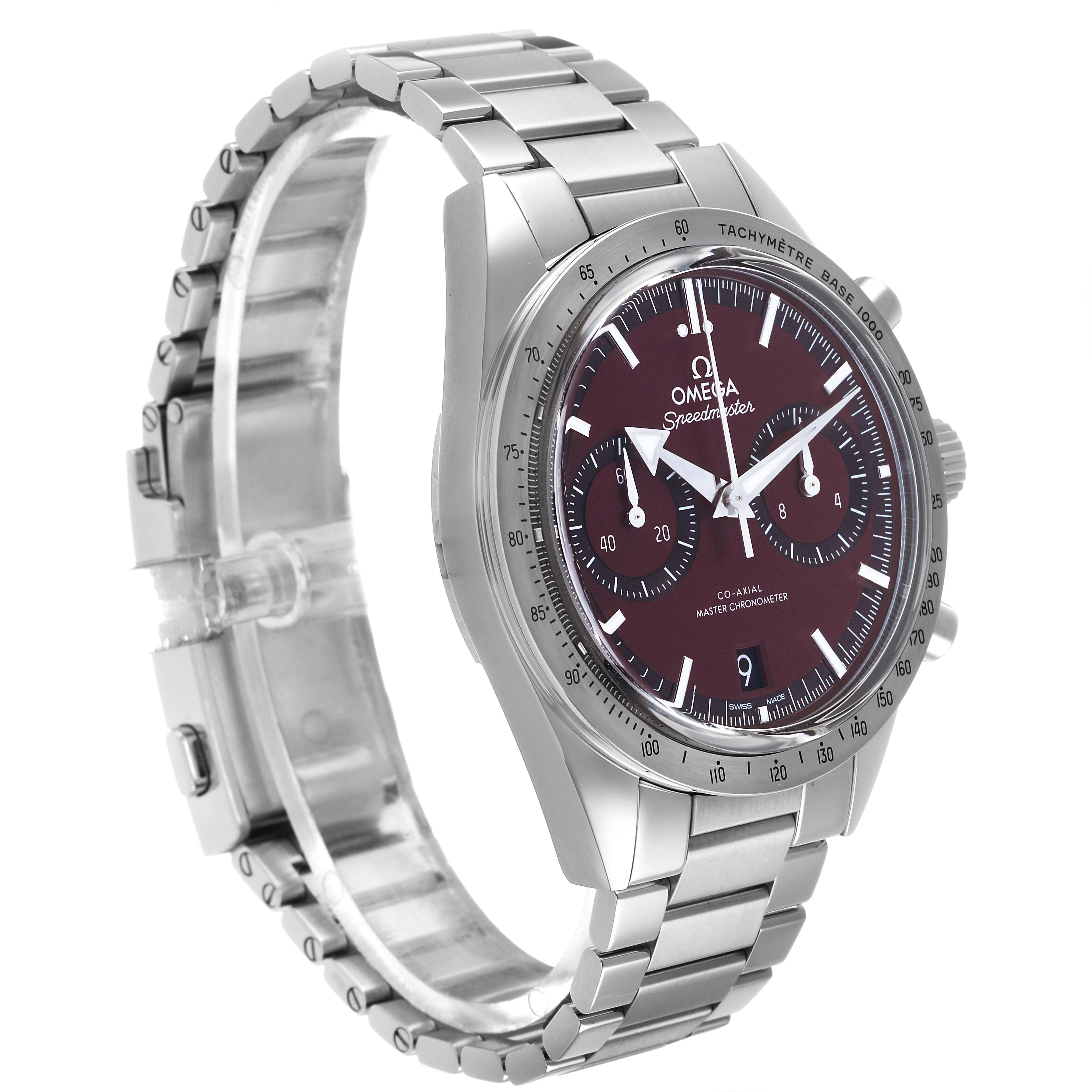 The Omega Speedmaster 332.10.41.51.11.001 Men's Stainless Steel Red Dial watch is shown at a three-quarter angle, highlighting its dial, bezel, and metal bracelet.