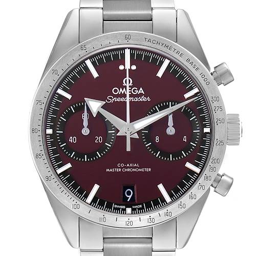 The Omega Speedmaster 332.10.41.51.11.001 Men's Stainless Steel Red Dial watch is shown from the front, displaying its face, dial, bezel, and part of the stainless steel bracelet.