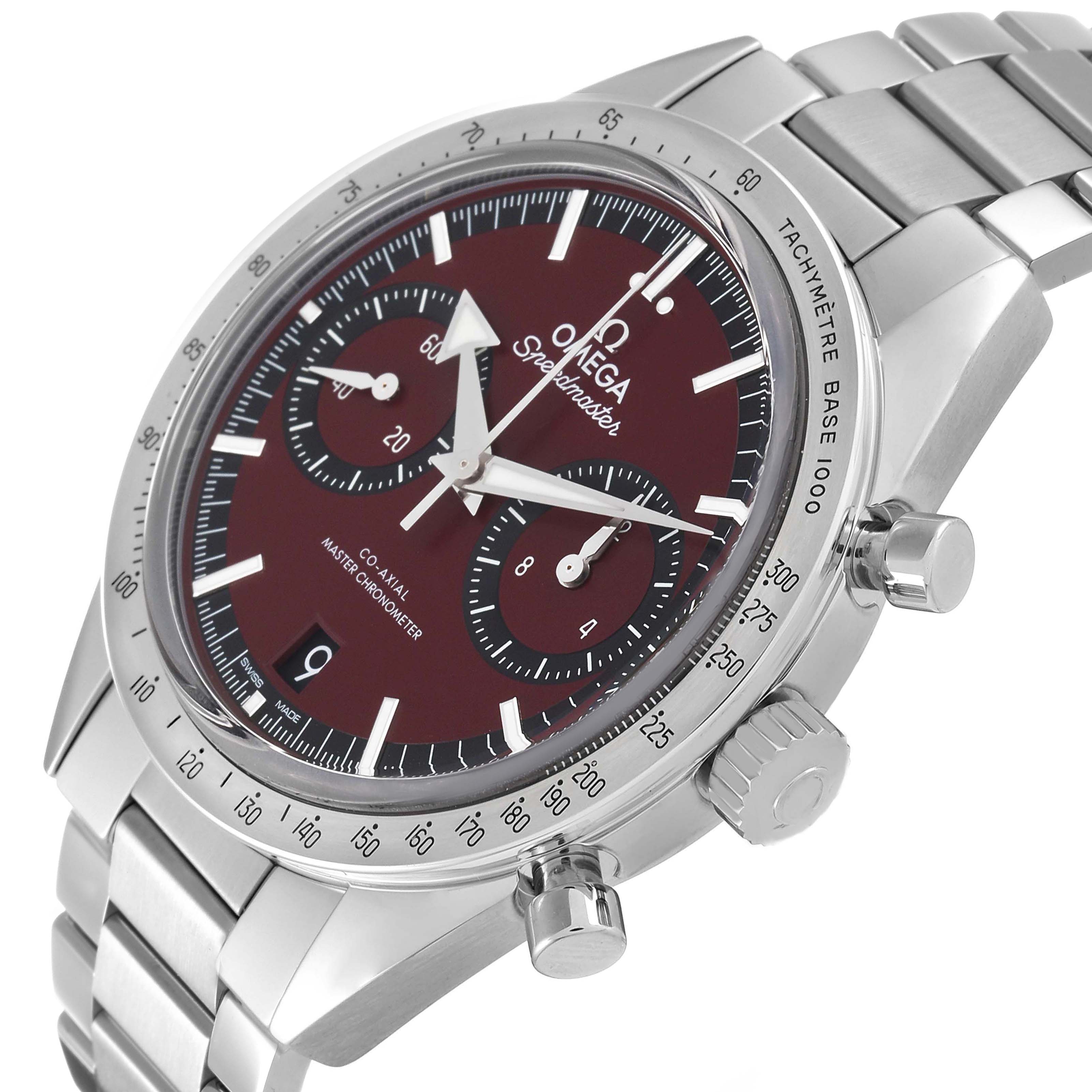 The Omega Speedmaster 332.10.41.51.11.001 Men's Stainless Steel Red Dial watch is shown at a slight side angle, highlighting the dial, bezel, chronograph pushers, and bracelet.