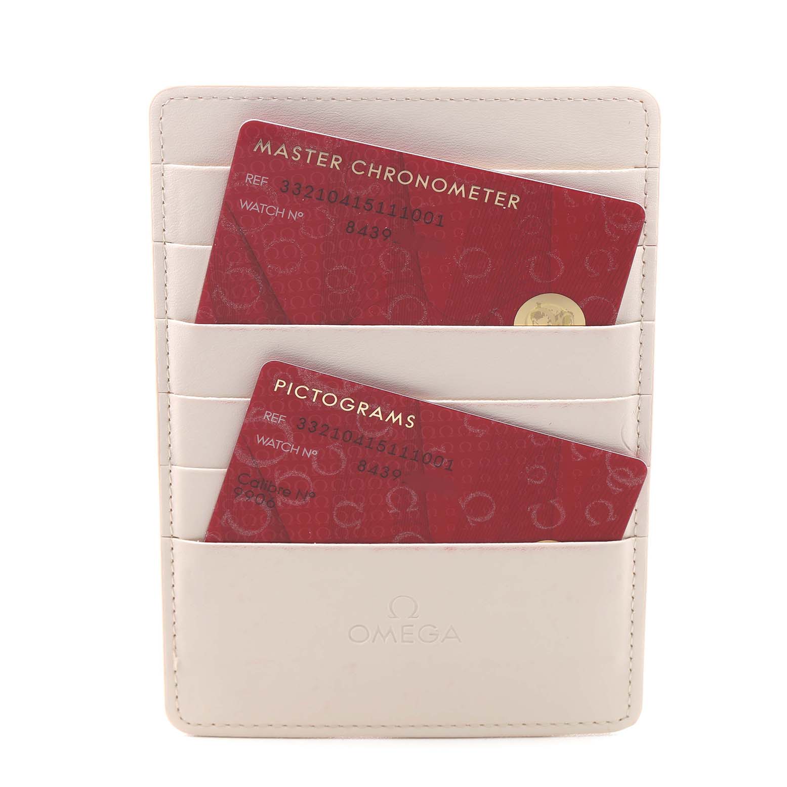 The image shows Omega Speedmaster 332.10.41.51.11.001 Men's Stainless Steel Red Dial model's warranty and pictogram cards in a cardholder.