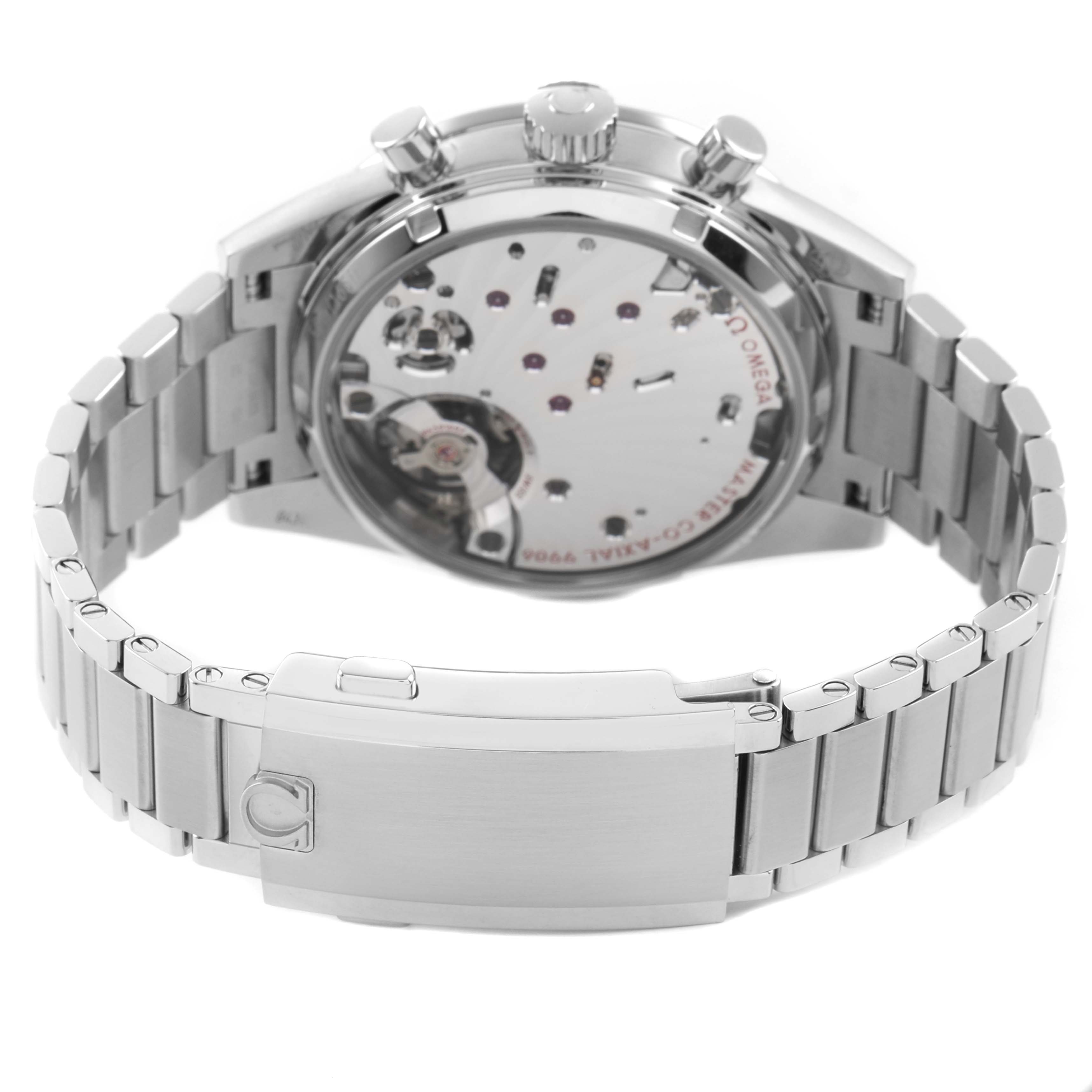 The image shows the back and clasp of an Omega Speedmaster 332.10.41.51.11.001 Men's Stainless Steel Red Dial, highlighting the watch movement and bracelet.