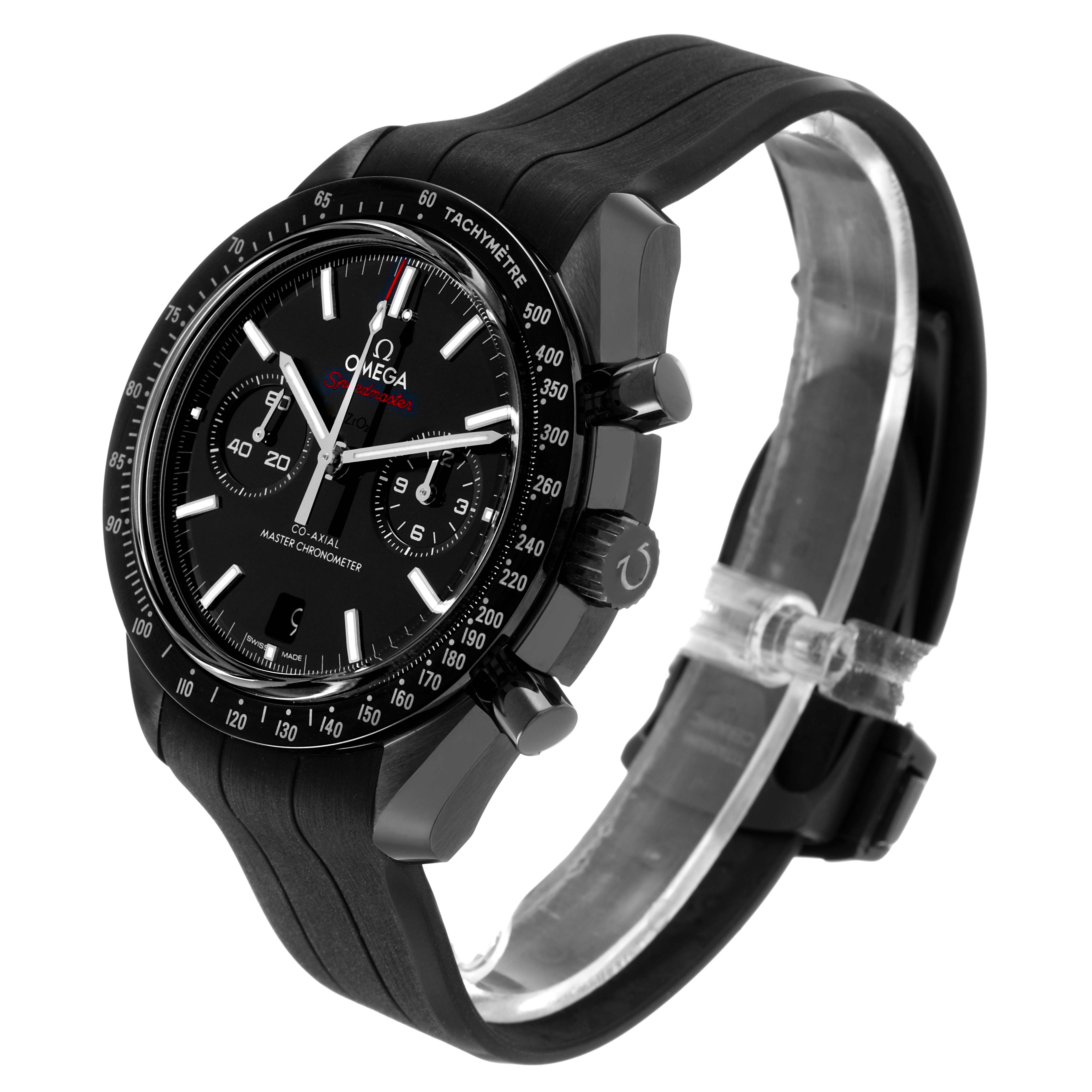 The Omega Speedmaster 310.92.44.51.01.004 Men's Ceramic Black Dial watch is shown at a three-quarter angle, highlighting the dial, tachymeter bezel, pushers, and black strap.