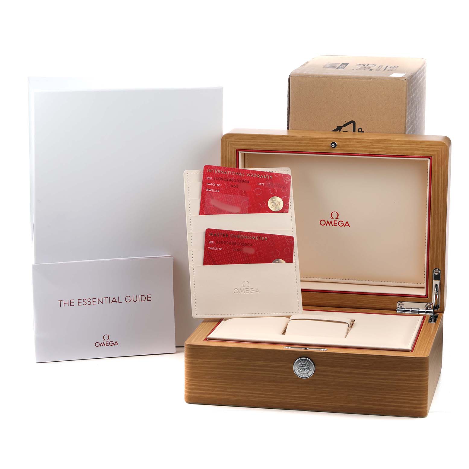 The image shows the Omega Speedmaster 310.92.44.51.01.004 Men's Ceramic Black Dial's packaging, including the wooden box, warranty cards, essential guide, and outer box.