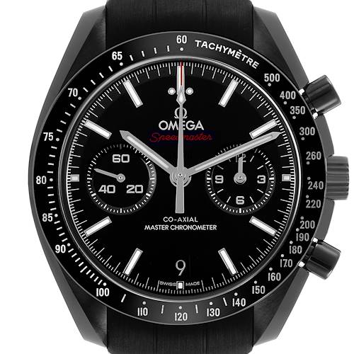 The Omega Speedmaster 310.92.44.51.01.004 Men's Ceramic Black Dial watch is shown from the front, highlighting the dial, tachymeter bezel, subdials, and hands.