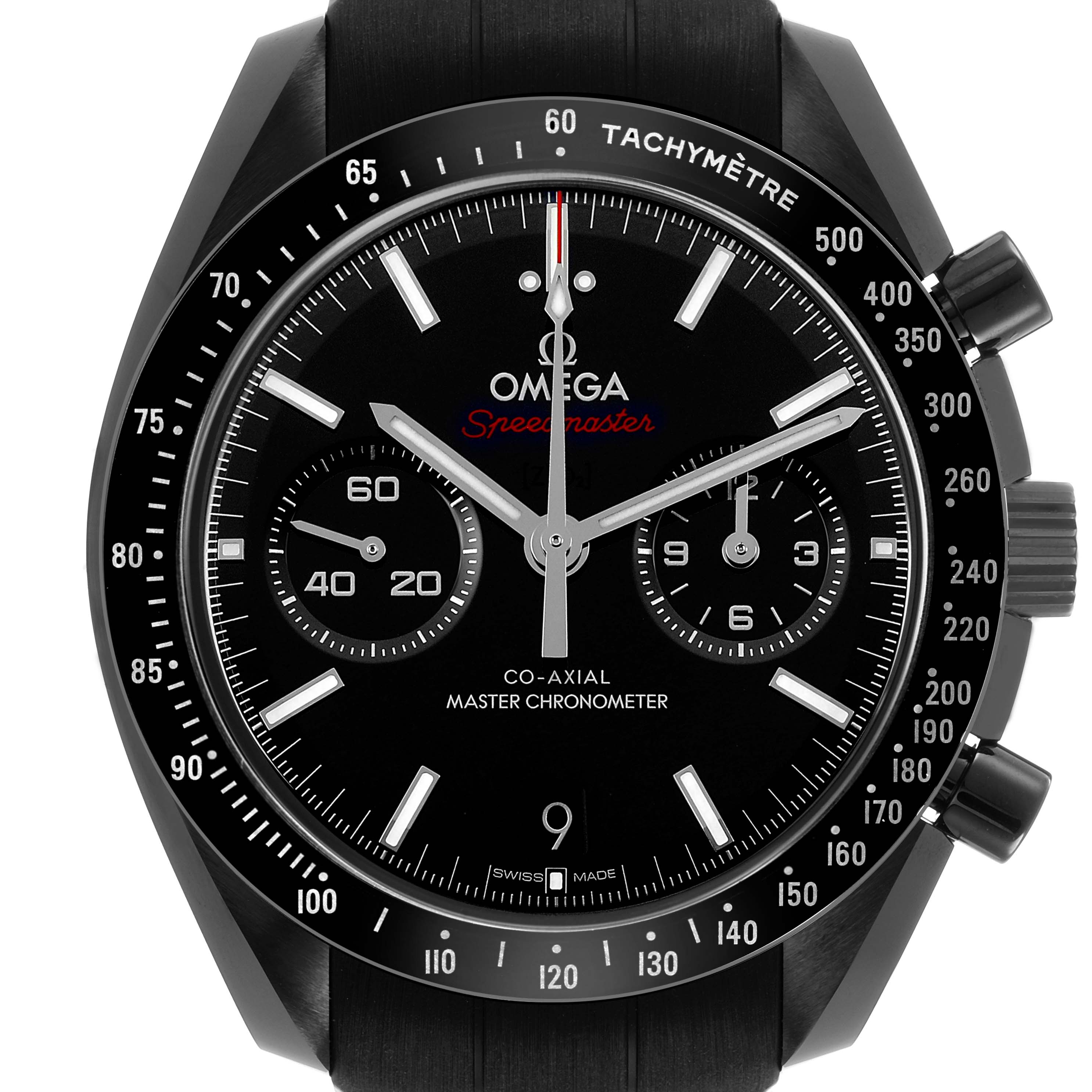 The image shows a frontal view of an Omega Speedmaster 310.92.44.51.01.004 Men's Ceramic Black Dial, highlighting the dial, tachymeter bezel, and chronograph sub-dials.