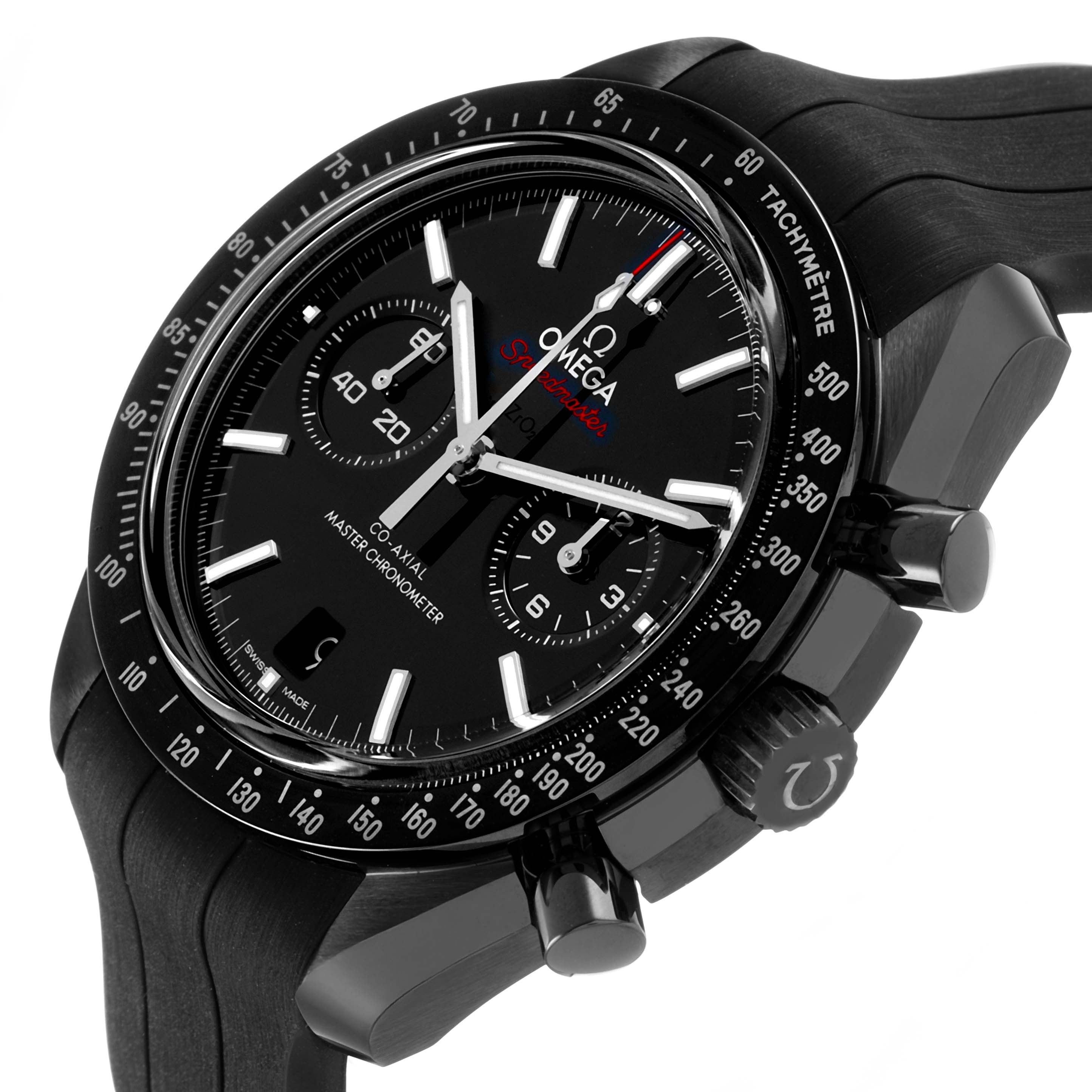 The Omega Speedmaster 310.92.44.51.01.004 Men's Ceramic Black Dial watch is shown at a three-quarter angle, displaying its black dial, chronograph sub-dials, and tachymeter bezel.