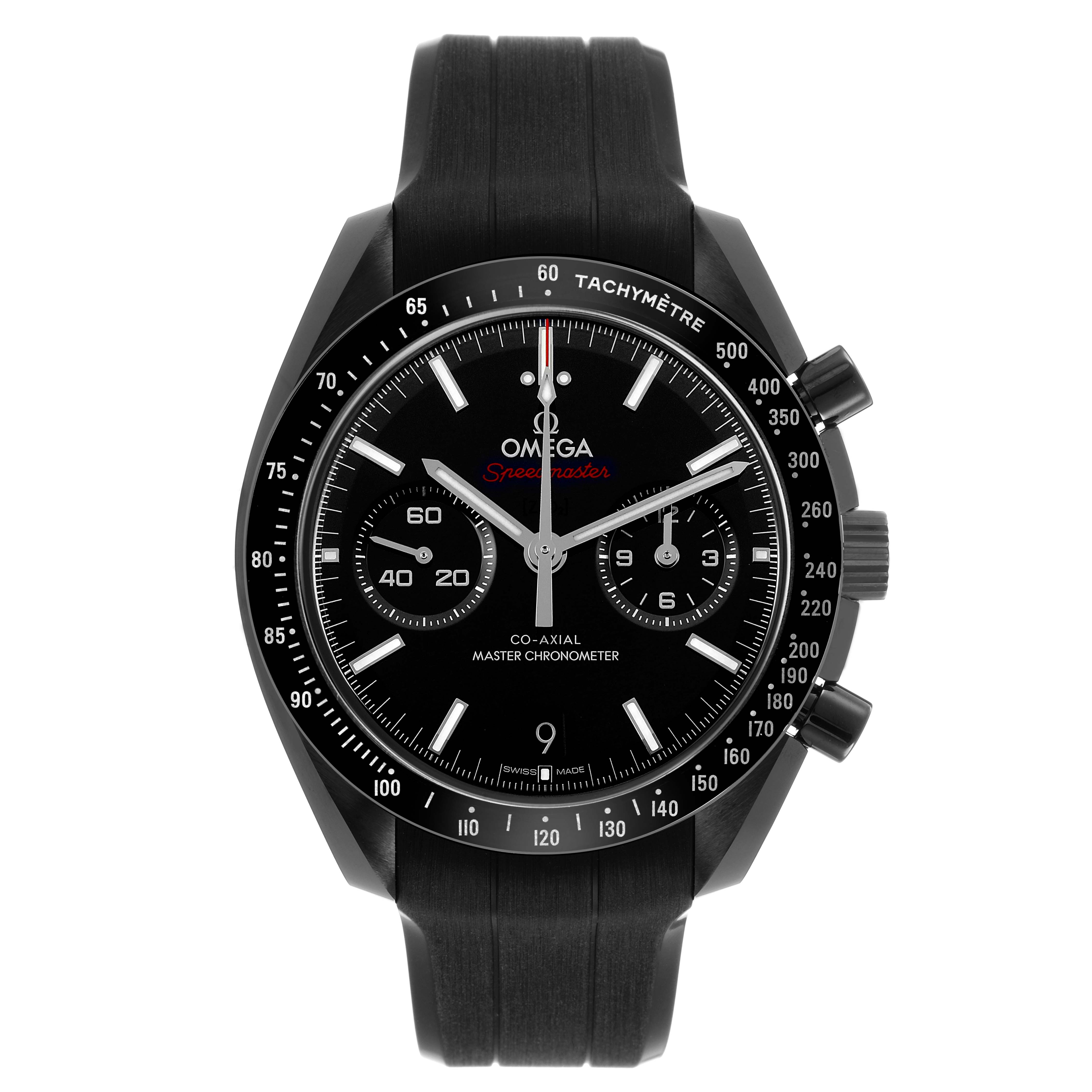 The Omega Speedmaster 310.92.44.51.01.004 Men's Ceramic Black Dial watch is shown from a front angle, displaying the dial, bezel, and pushers clearly.