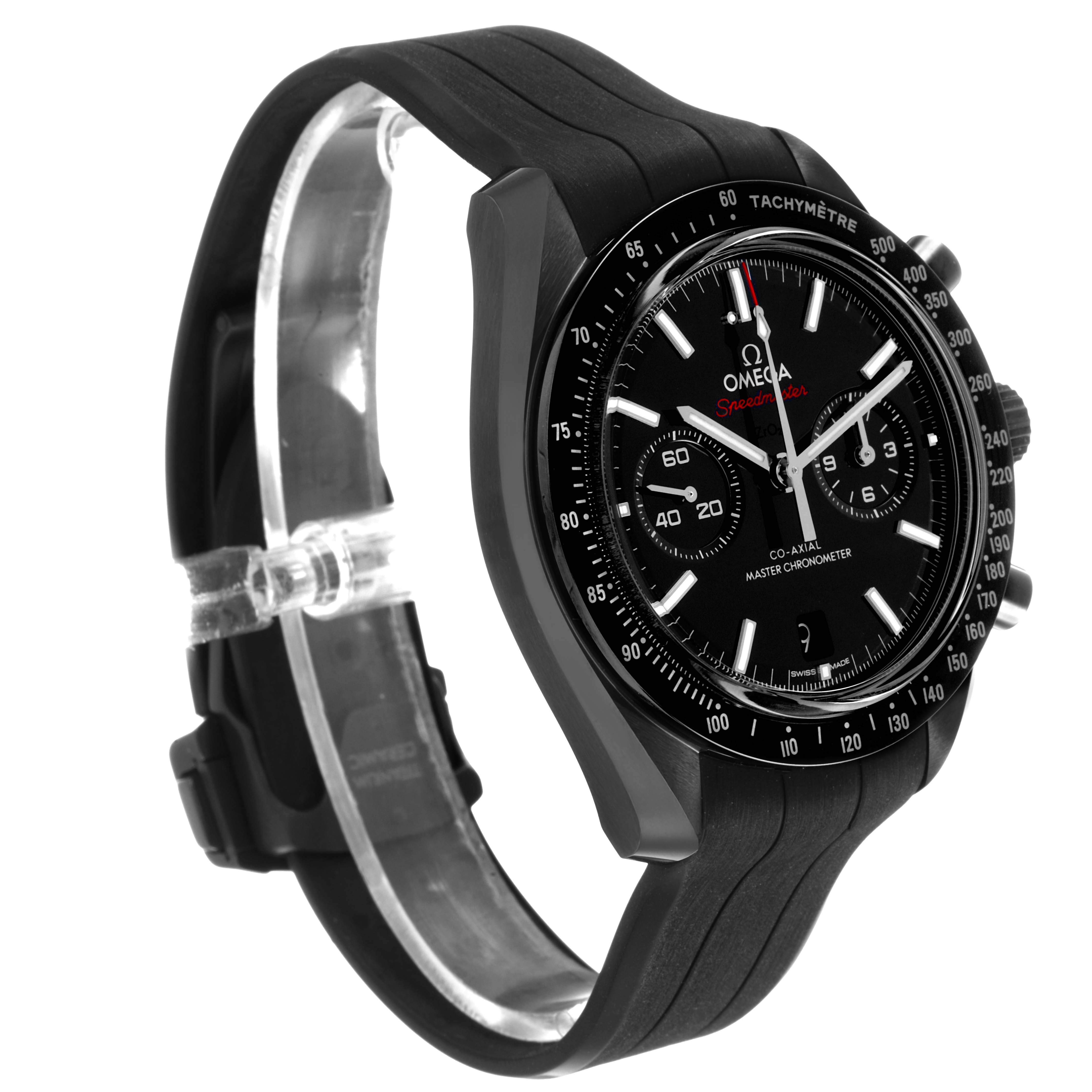 The Omega Speedmaster 310.92.44.51.01.004 Men's Ceramic Black Dial watch is shown at an angled side view, highlighting its black bezel, rubber strap, and chronograph dials.