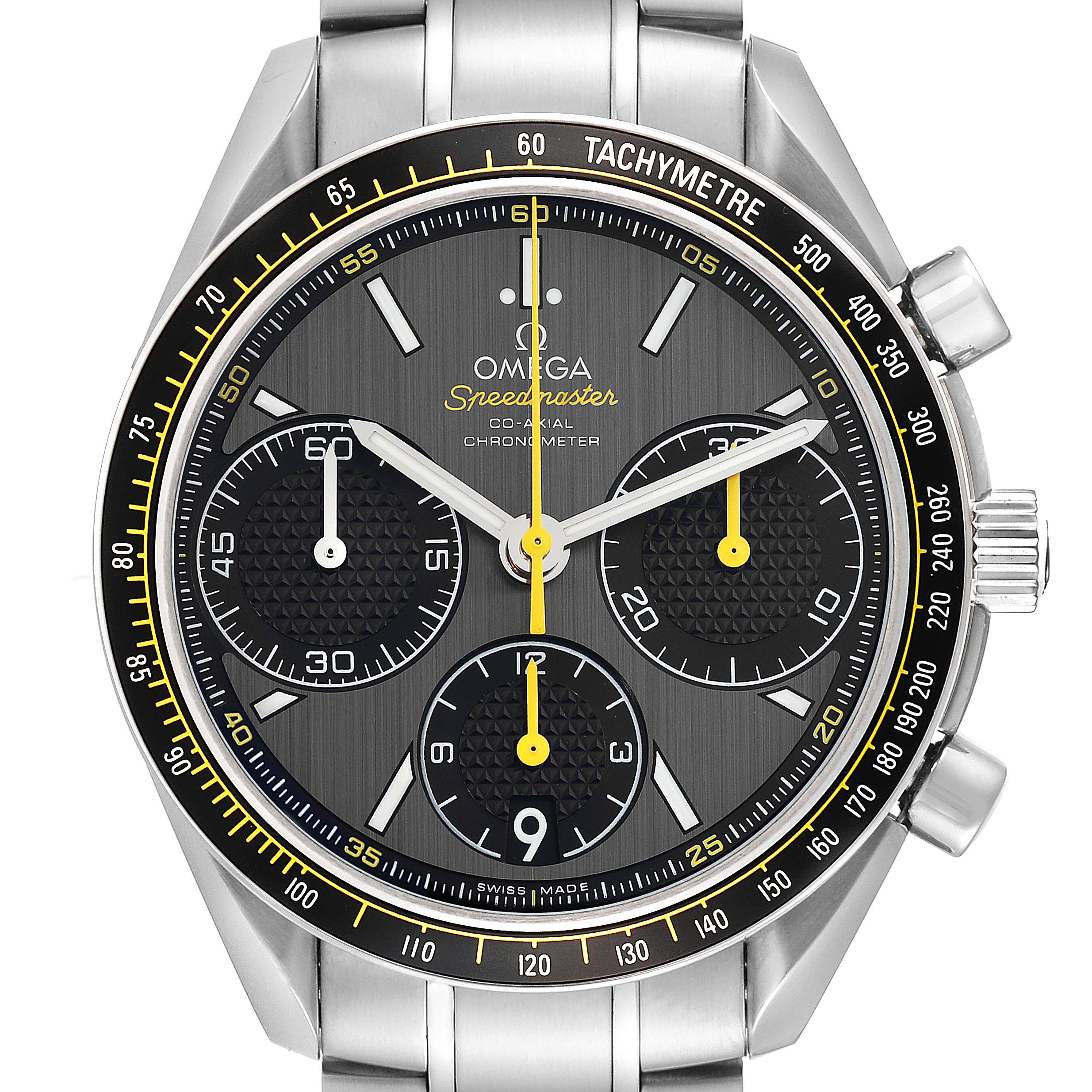 The image shows a front view of the Omega Speedmaster 326.30.40.50.06.001 Men
s Stainless Steel Grey Dial 326.30.40.50.06.001 Men
s Stainless Steel Grey Dial watch, displaying its dial, hands, subdials, bezel, and part of the bracelet.
