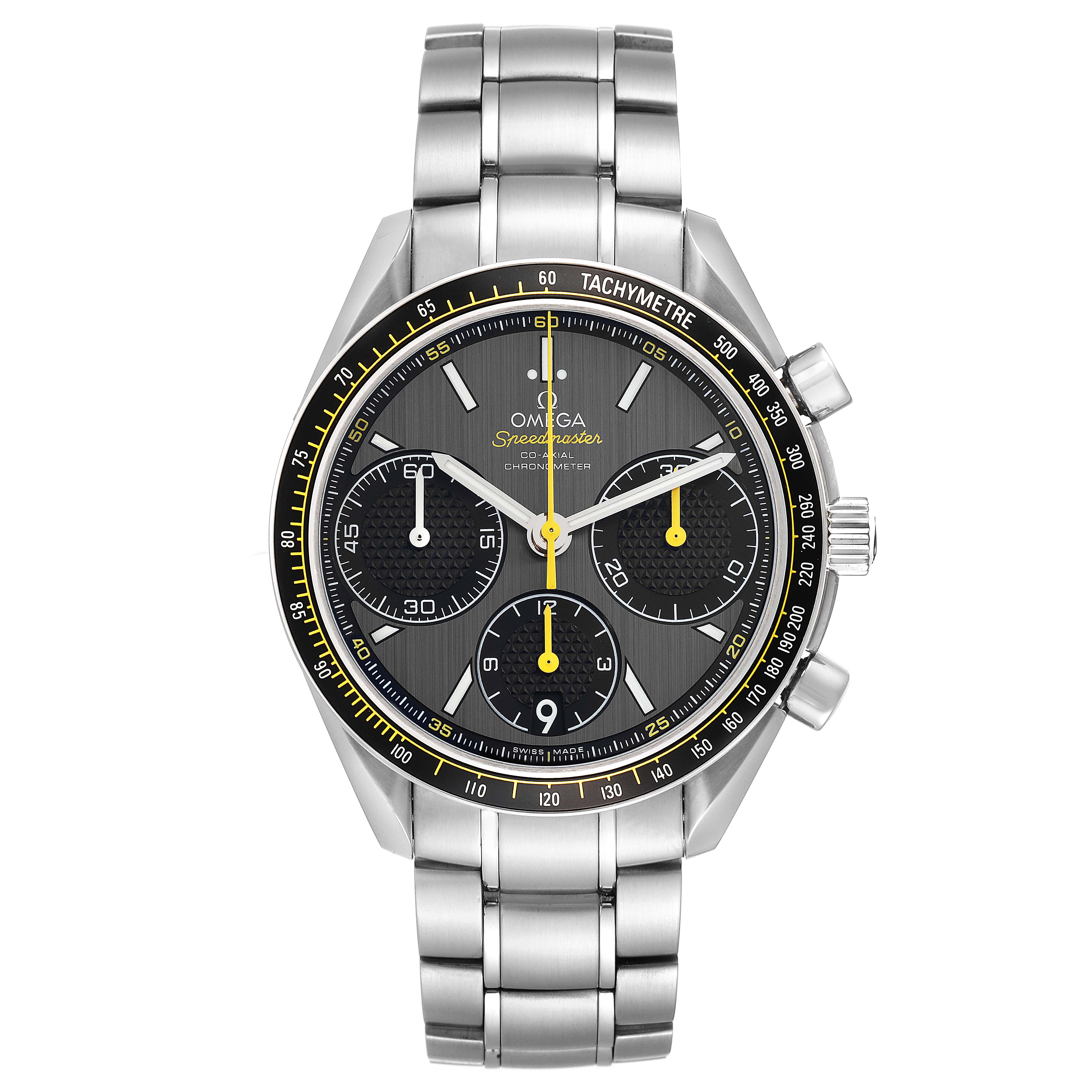 The image shows a front view of the Omega Speedmaster 326.30.40.50.06.001 Men
s Stainless Steel Grey Dial 326.30.40.50.06.001 Men
s Stainless Steel Grey Dial watch, highlighting its face, bezel, and metal bracelet.
