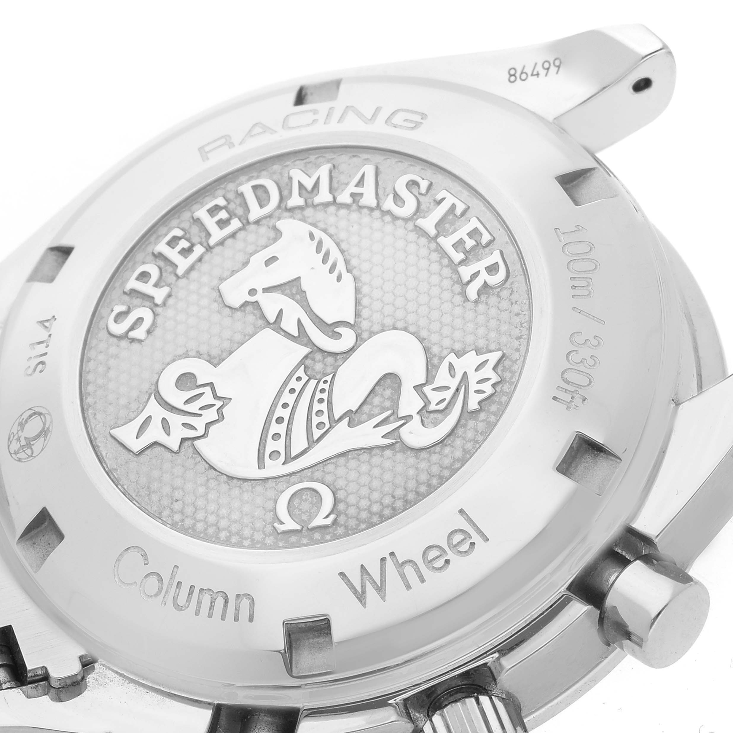 The image shows the case back of an Omega Speedmaster 326.30.40.50.06.001 Men
s Stainless Steel Grey Dial 326.30.40.50.06.001 Men
s Stainless Steel Grey Dial Racing watch, displaying the engraving and water resistance information.