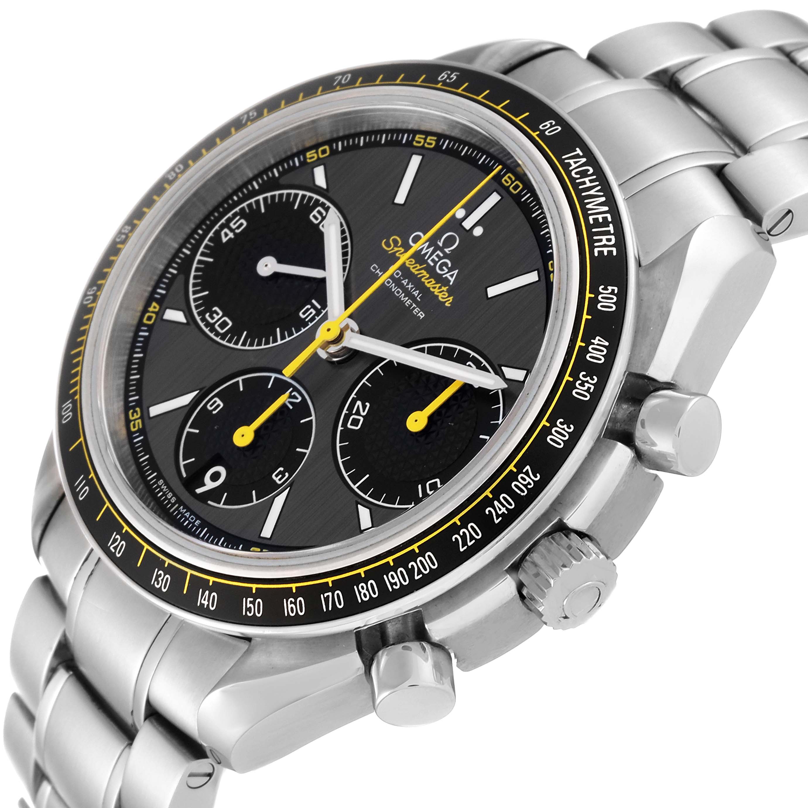 The image shows an angled view of the Omega Speedmaster 326.30.40.50.06.001 Men
s Stainless Steel Grey Dial 326.30.40.50.06.001 Men
s Stainless Steel Grey Dial watch, highlighting its face, subdials, tachymeter, crown, and part of the bracelet.