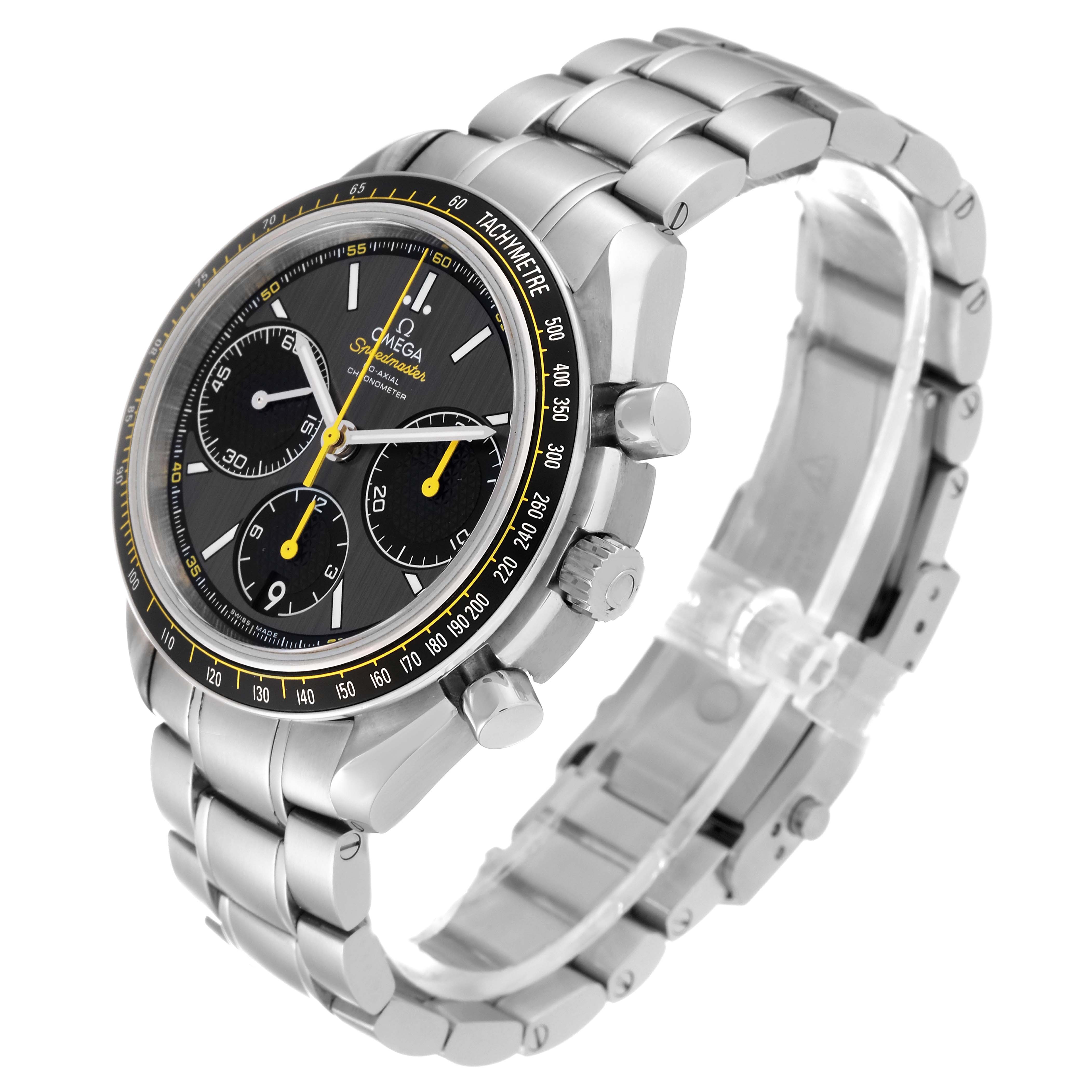 The image shows an angled view of an Omega Speedmaster 326.30.40.50.06.001 Men
s Stainless Steel Grey Dial 326.30.40.50.06.001 Men
s Stainless Steel Grey Dial watch, showcasing the face, chronograph dials, and metal bracelet.