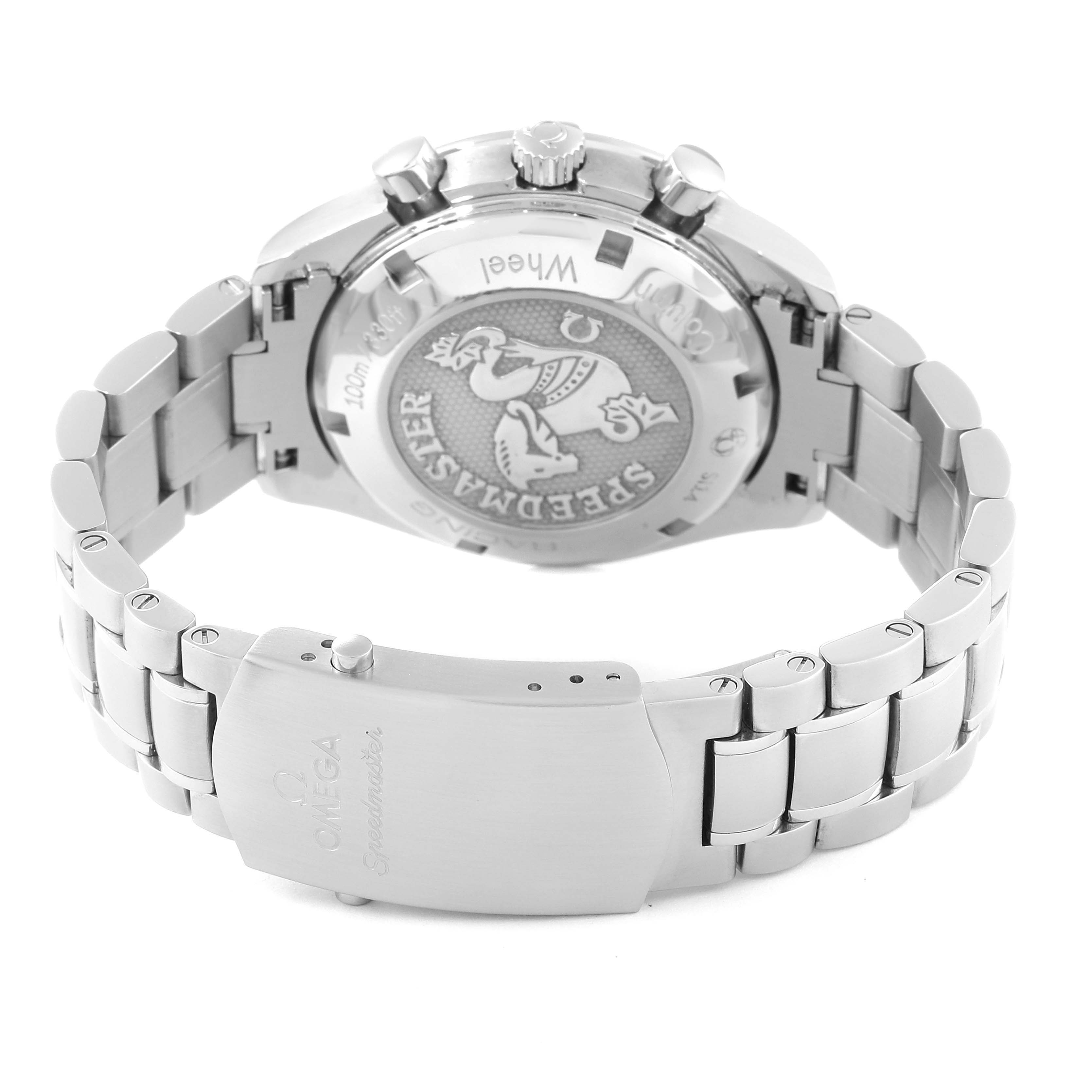 The image shows the back view of an Omega Speedmaster 326.30.40.50.06.001 Men
s Stainless Steel Grey Dial 326.30.40.50.06.001 Men
s Stainless Steel Grey Dial watch, highlighting its case back and stainless steel bracelet clasp.
