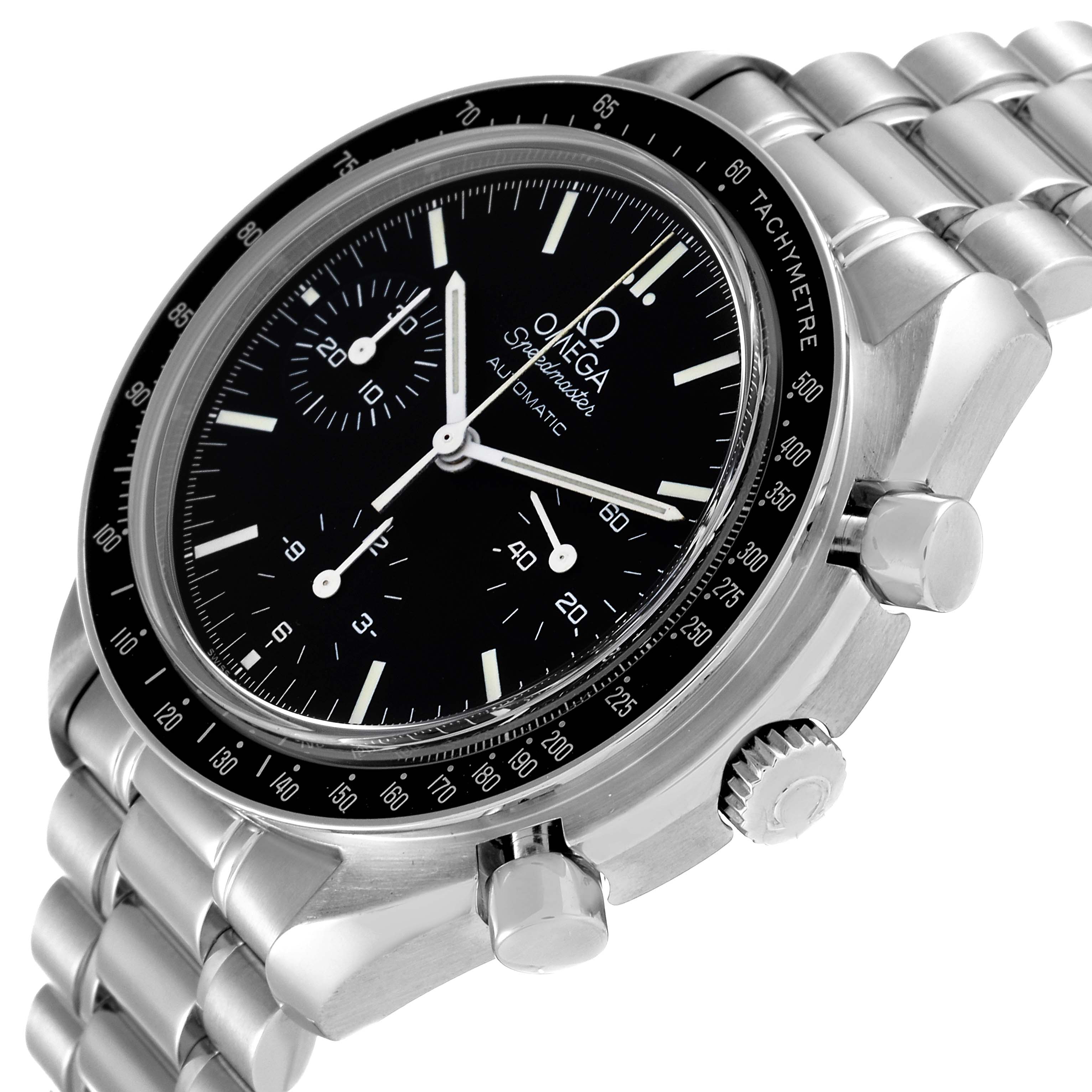 The image shows an Omega Speedmaster 3539.50.00 Men's Stainless Steel Black Dial 3539.50.00 Men's Stainless Steel Black Dial watch at a three-quarter angle highlighting the dial, bezel, crown, and bracelet.