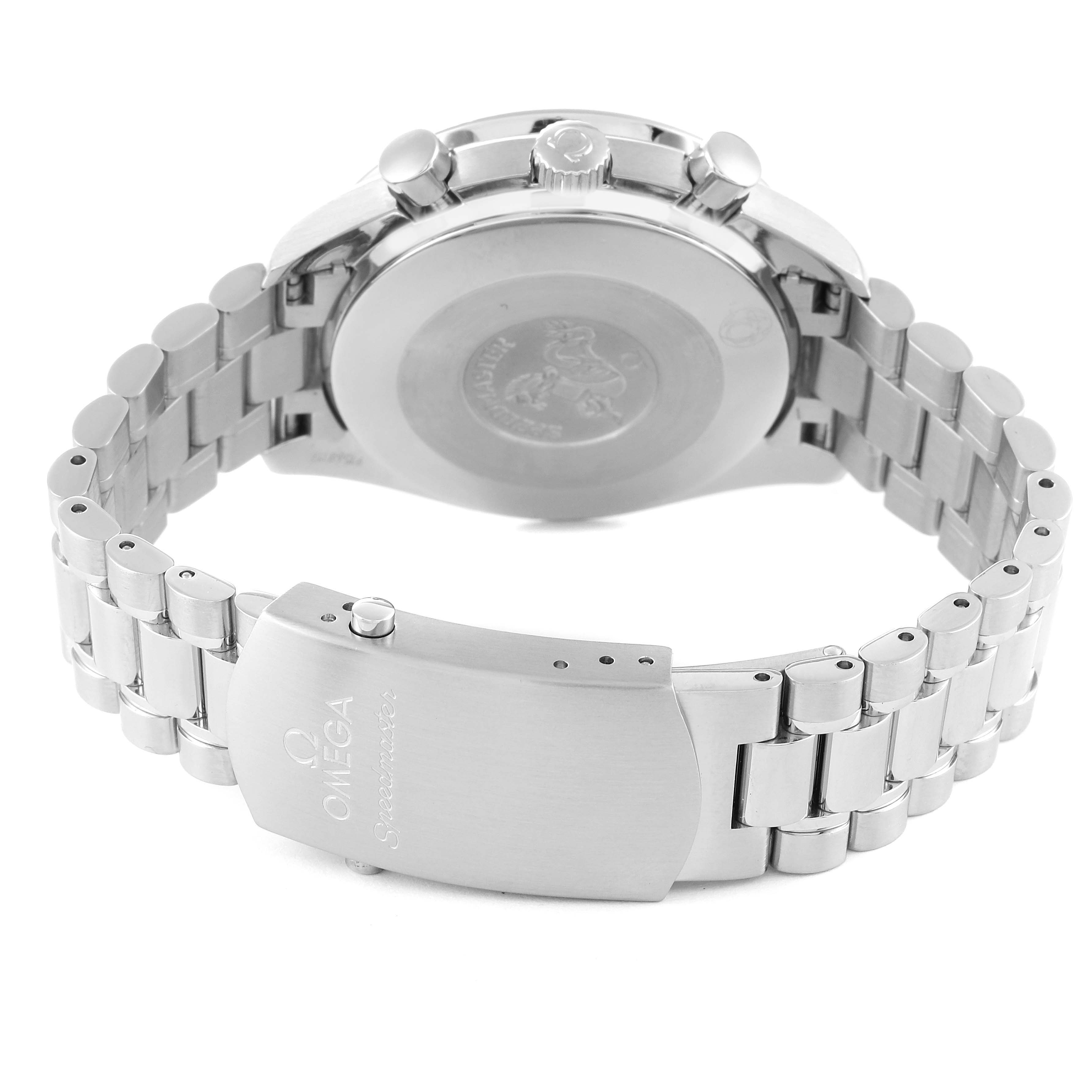 The image shows the back case and bracelet clasp of an Omega Speedmaster 3539.50.00 Men's Stainless Steel Black Dial 3539.50.00 Men's Stainless Steel Black Dial watch, viewed from the rear angle.