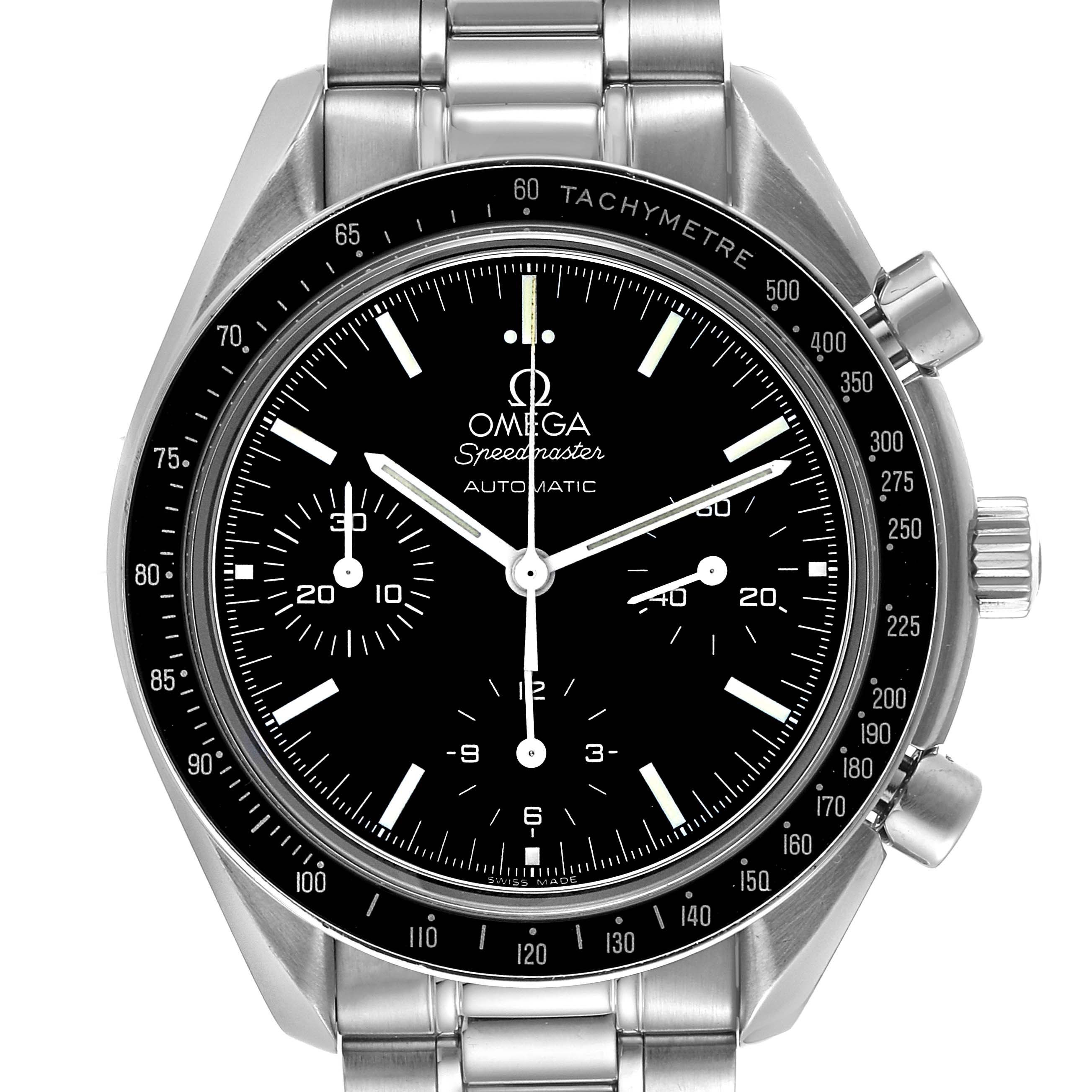 The image shows a frontal view of an Omega Speedmaster 3539.50.00 Men's Stainless Steel Black Dial 3539.50.00 Men's Stainless Steel Black Dial watch, displaying its dial, bezel, and metal bracelet.