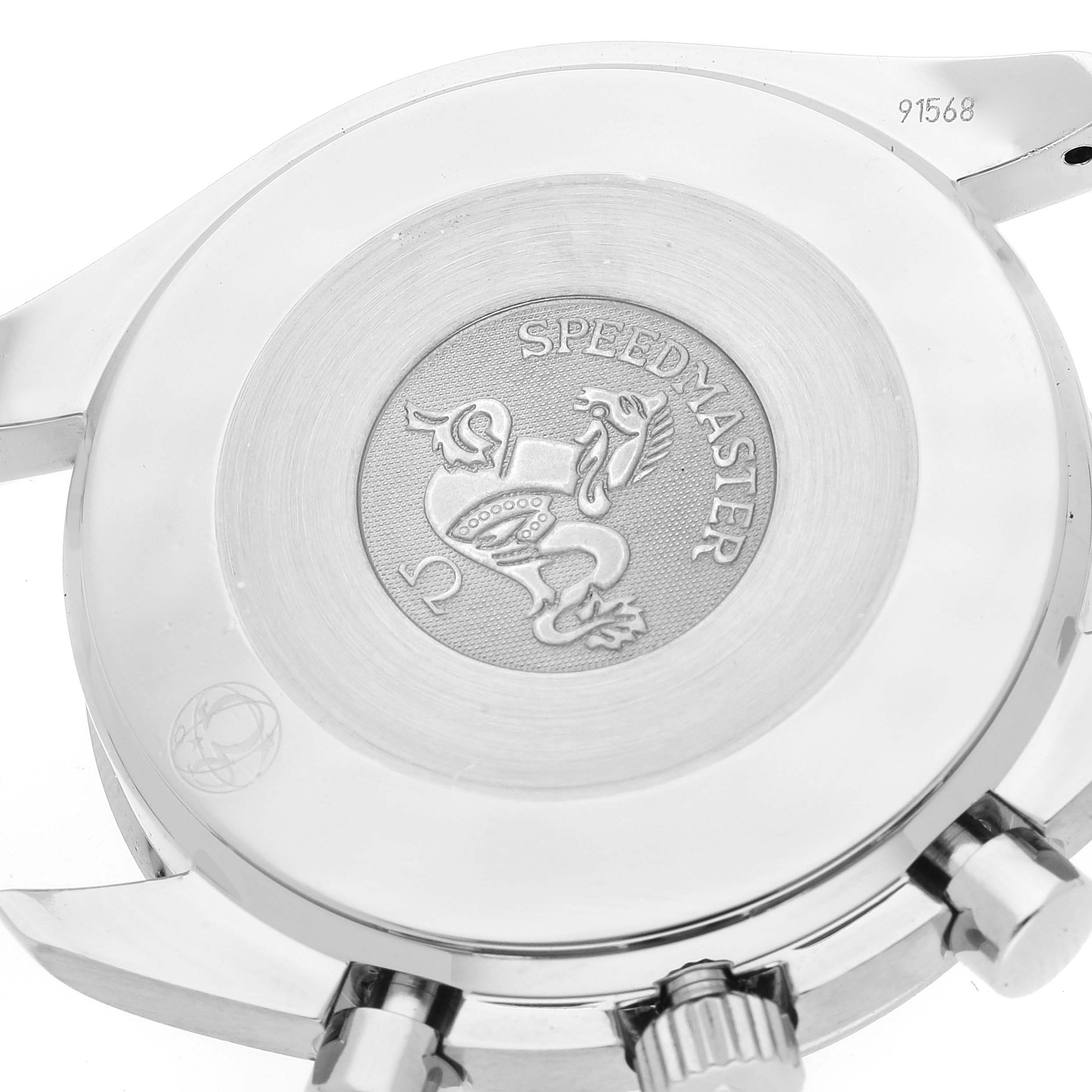 The image shows the engraved case back, crown, and pushers of the Omega Speedmaster 3539.50.00 Men's Stainless Steel Black Dial 3539.50.00 Men's Stainless Steel Black Dial watch.