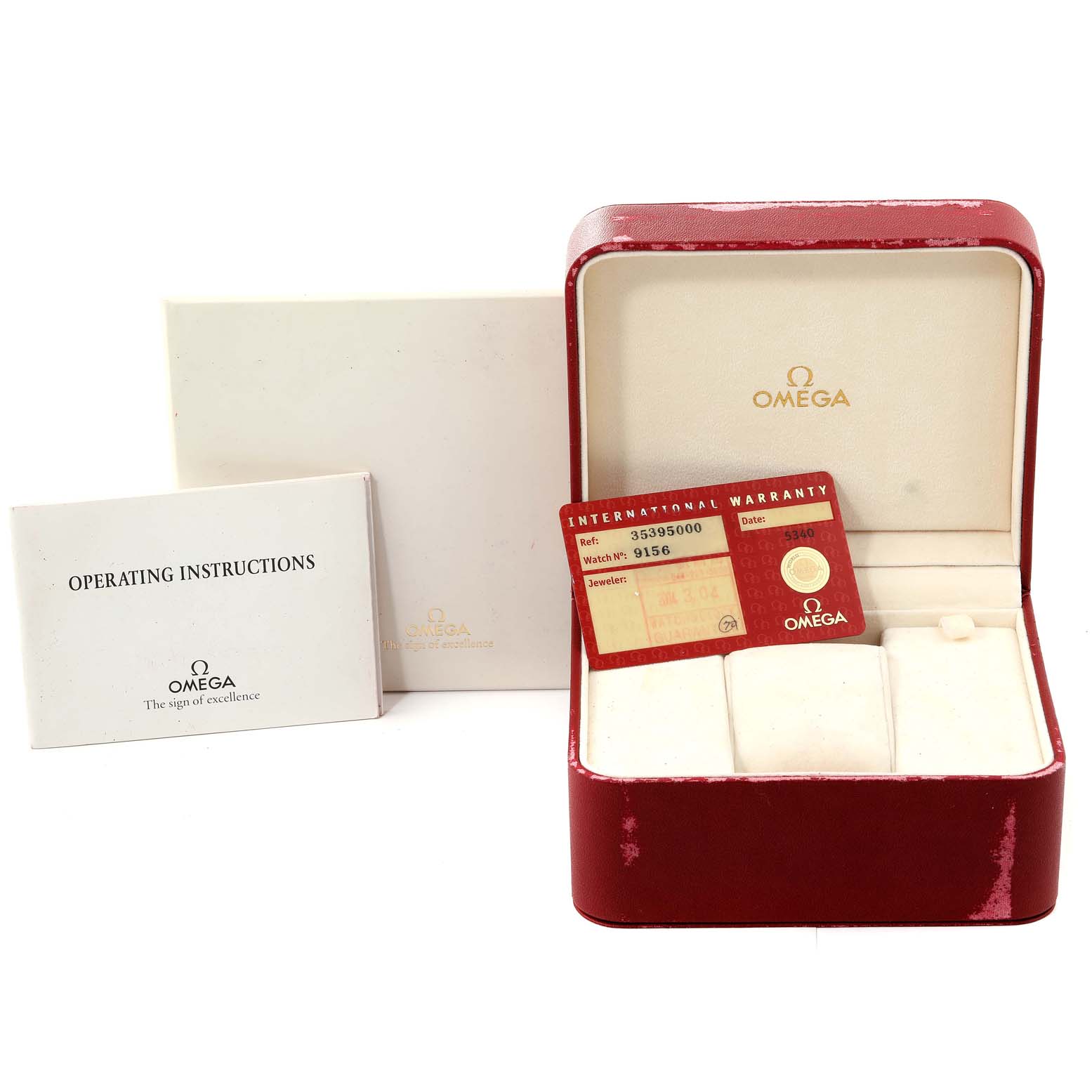 The image shows Omega Speedmaster 3539.50.00 Men's Stainless Steel Black Dial 3539.50.00 Men's Stainless Steel Black Dial accessories, including an open red watch box, operating instructions, and an international warranty card.