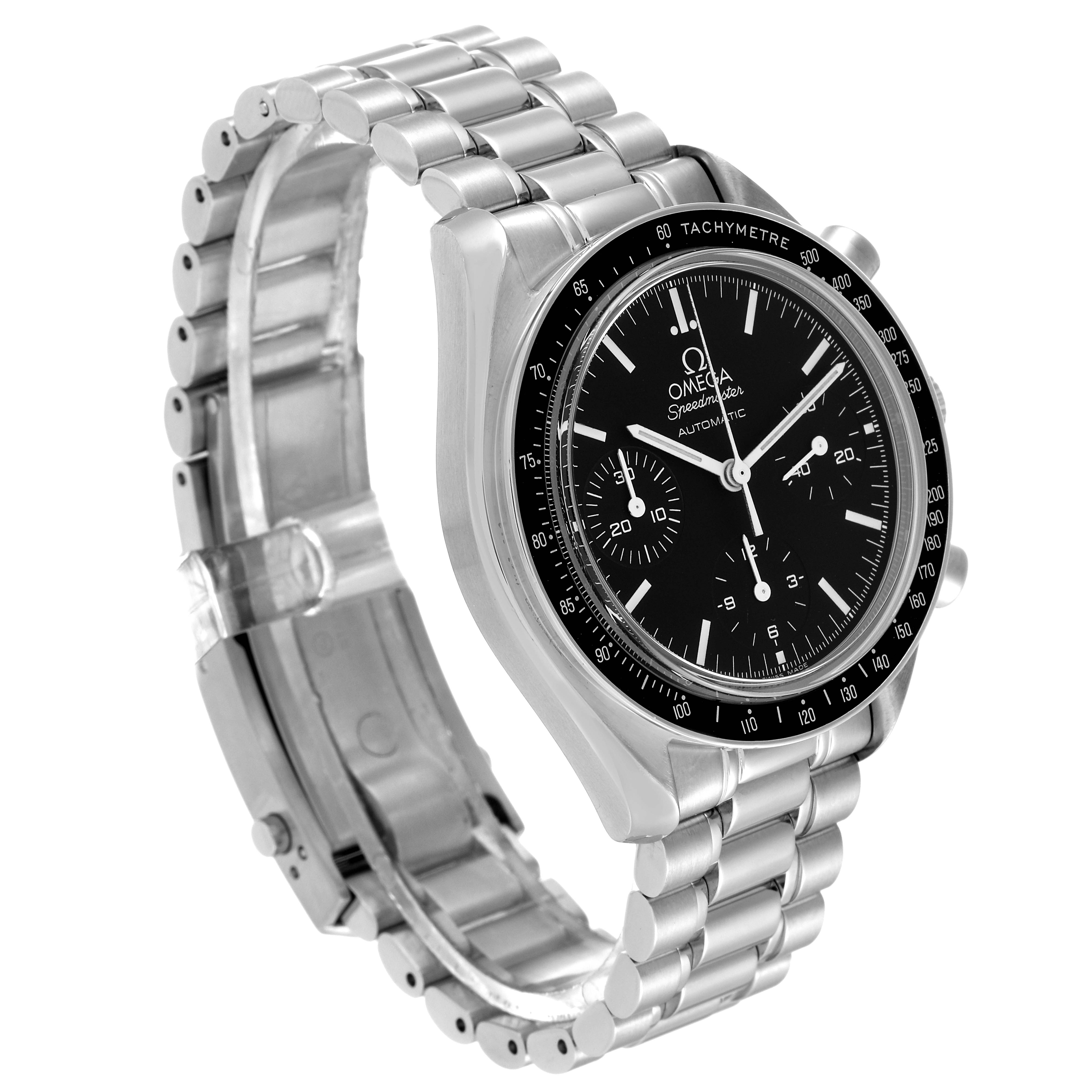 The Omega Speedmaster 3539.50.00 Men's Stainless Steel Black Dial 3539.50.00 Men's Stainless Steel Black Dial watch is shown from an angled side view, displaying the face, bezel, and metal bracelet.