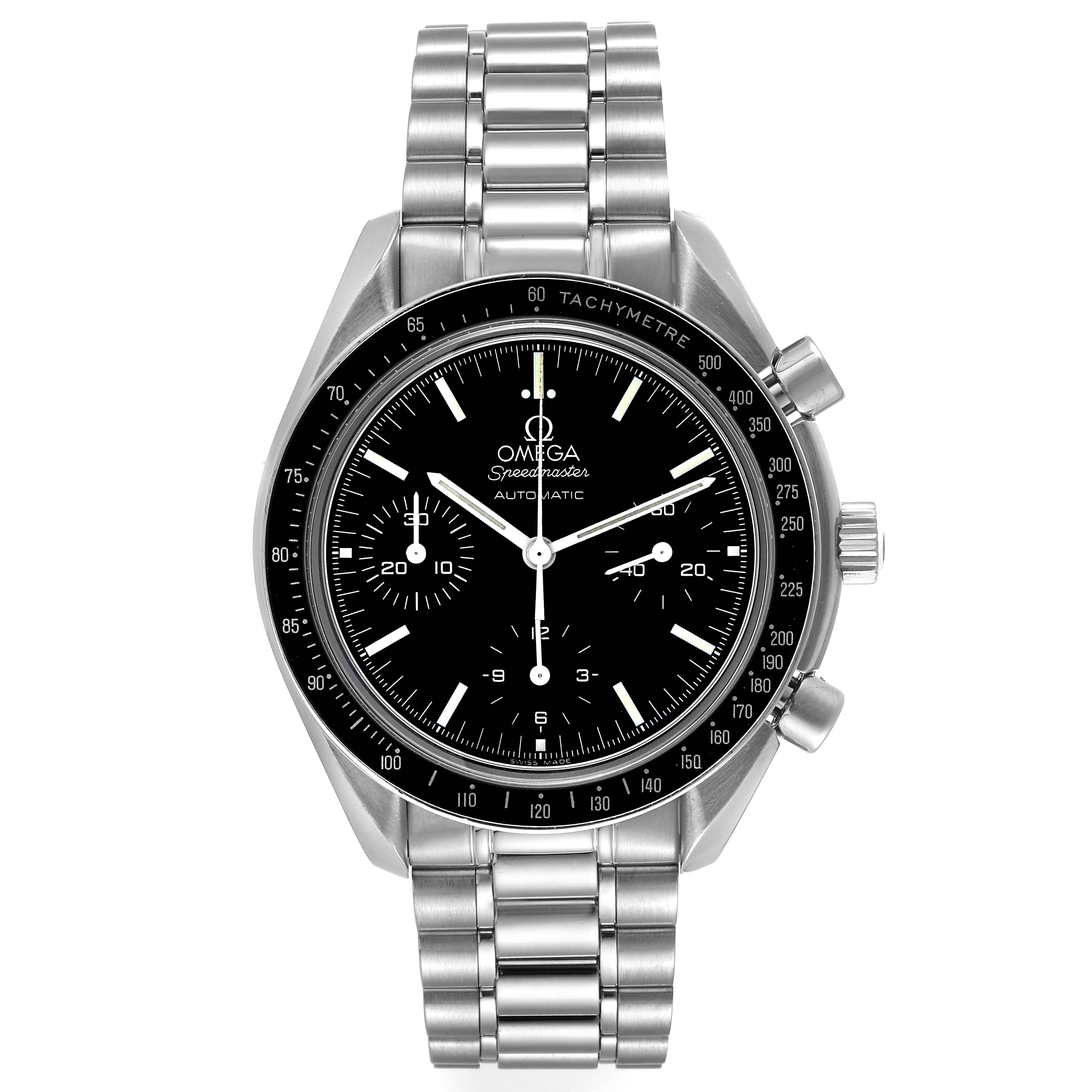 This image shows a front view of the Omega Speedmaster 3539.50.00 Men's Stainless Steel Black Dial 3539.50.00 Men's Stainless Steel Black Dial watch, featuring its bracelet, case, dial, and chronograph buttons.