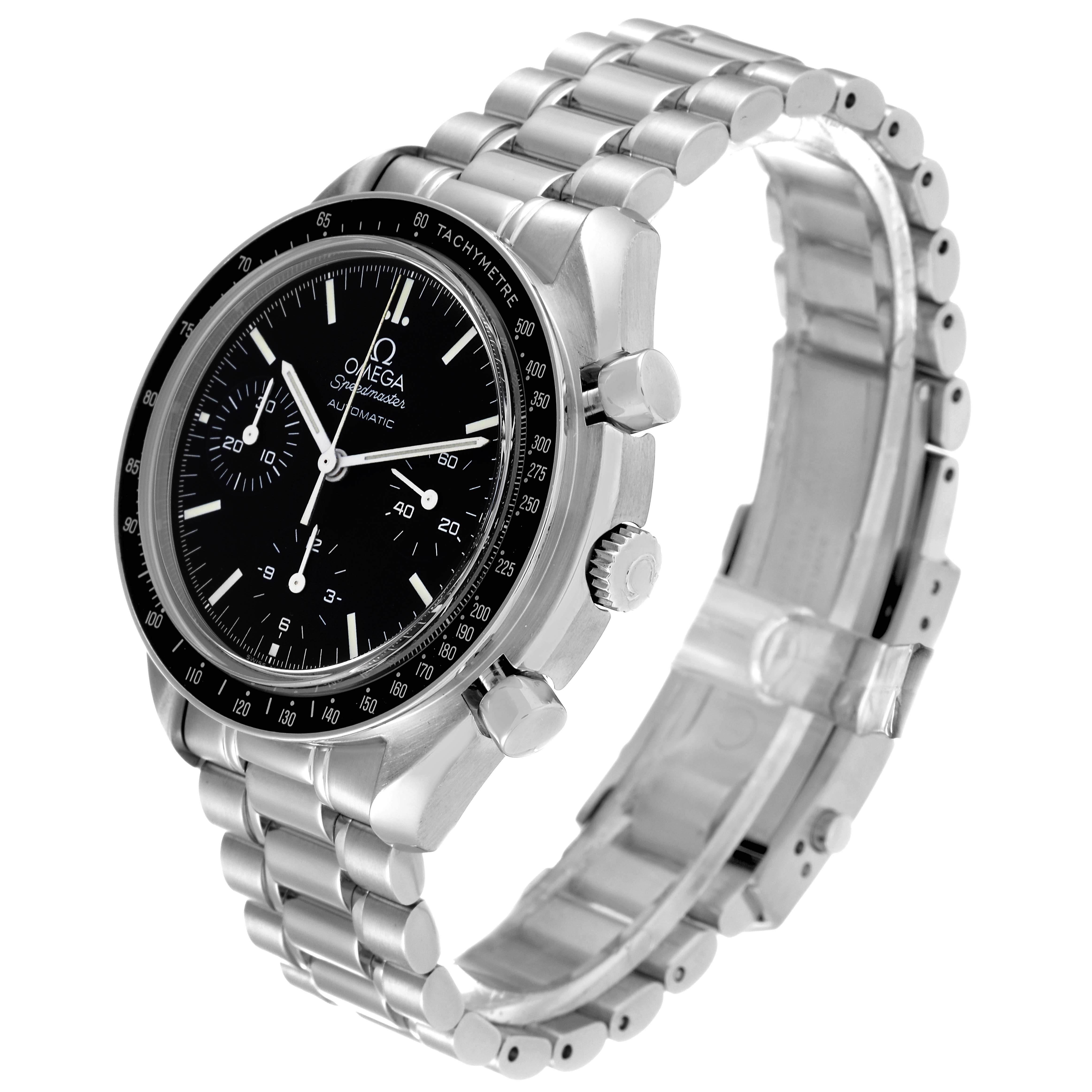 The Omega Speedmaster 3539.50.00 Men's Stainless Steel Black Dial 3539.50.00 Men's Stainless Steel Black Dial watch is shown from a high-angle view, showcasing its face, bezel, crown, pushers, and metal bracelet.