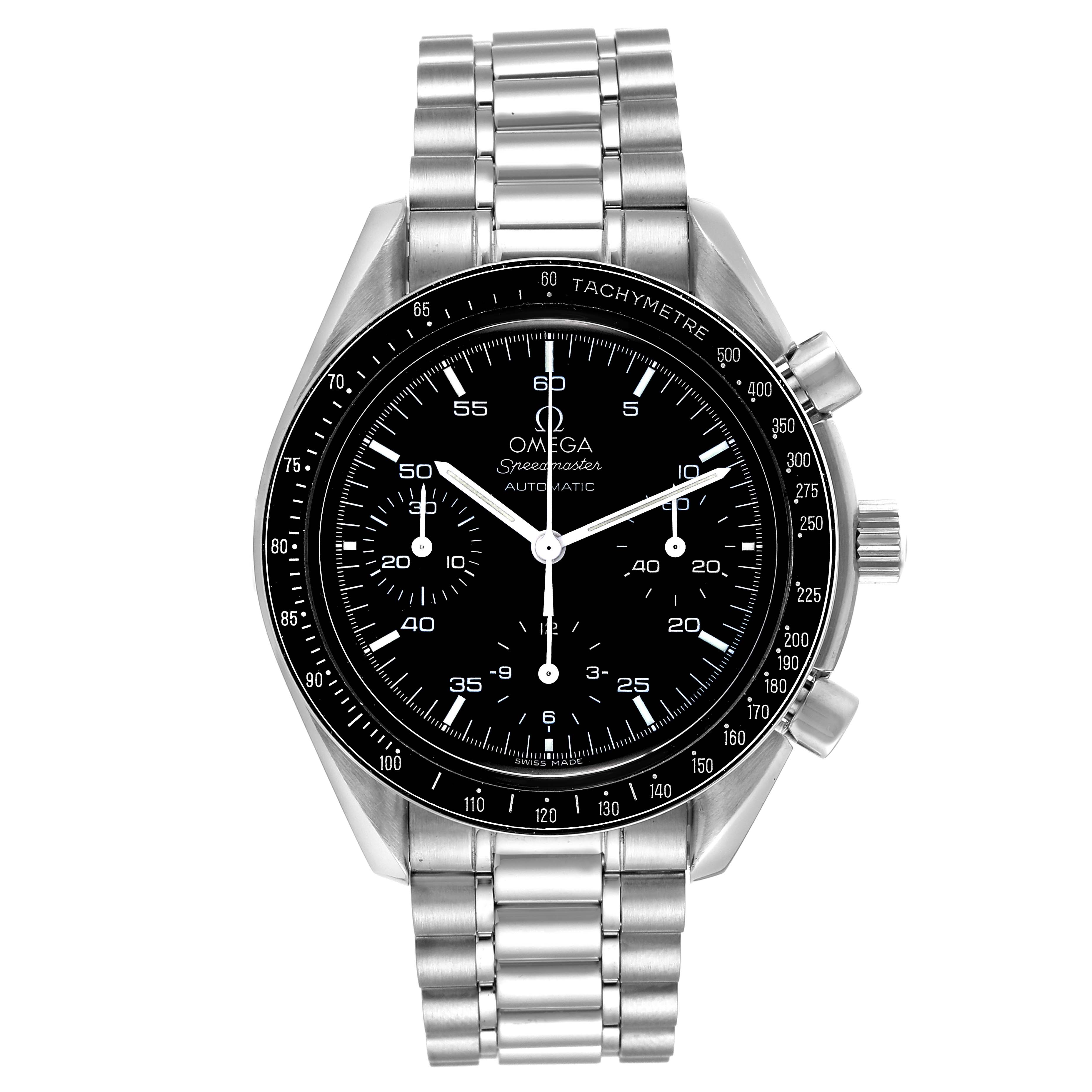 The image shows a front view of the Omega Speedmaster 3510.50.00 Men's Stainless Steel Black Dial 3510.50.00 Men's Stainless Steel Black Dial watch, displaying its dial, bezel, and stainless steel bracelet.