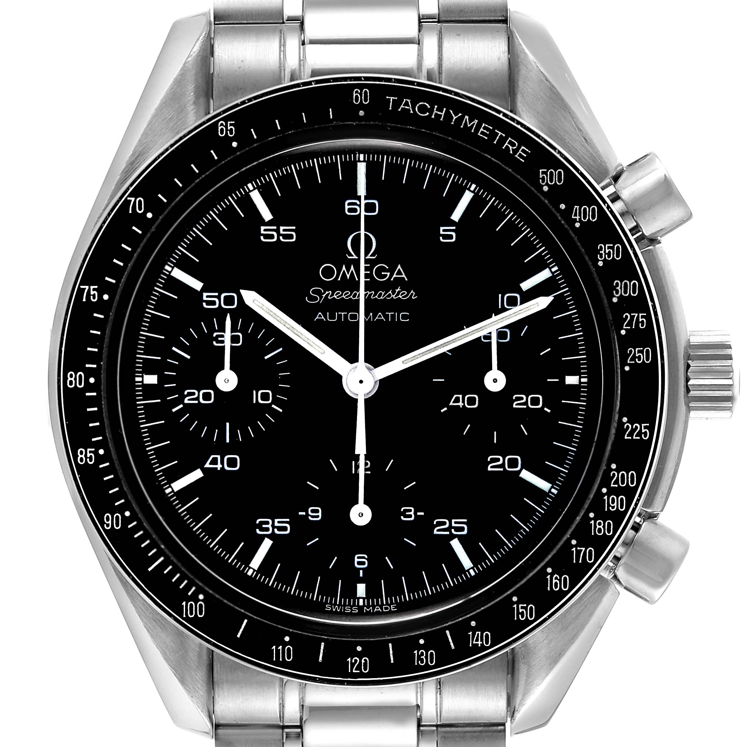 The image shows the front view of an Omega Speedmaster 3510.50.00 Men's Stainless Steel Black Dial 3510.50.00 Men's Stainless Steel Black Dial watch, highlighting its black dial, sub-dials, and tachymeter bezel.