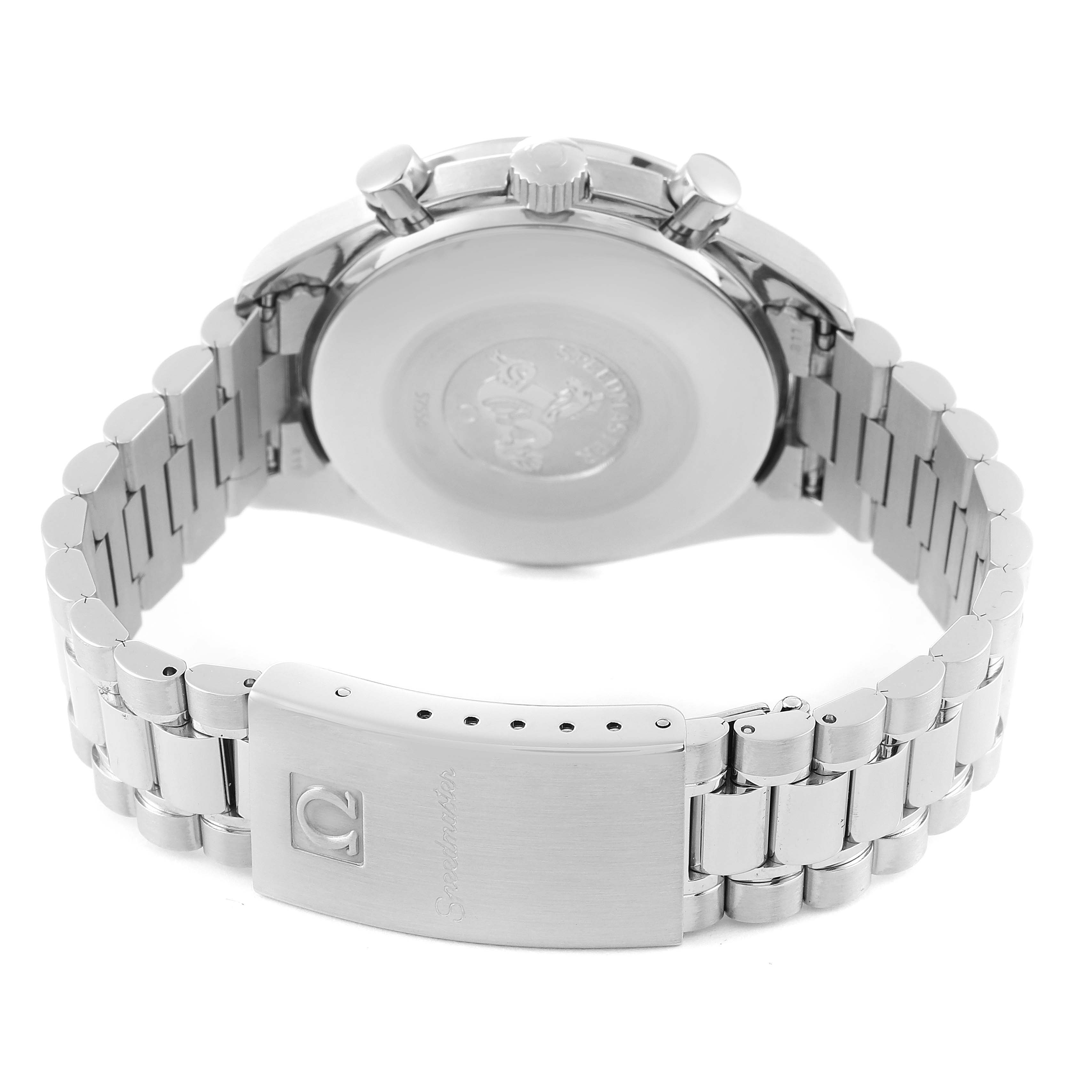 The image shows the back case, crown, chronograph pushers, and bracelet with clasp of an Omega Speedmaster 3510.50.00 Men's Stainless Steel Black Dial 3510.50.00 Men's Stainless Steel Black Dial watch.