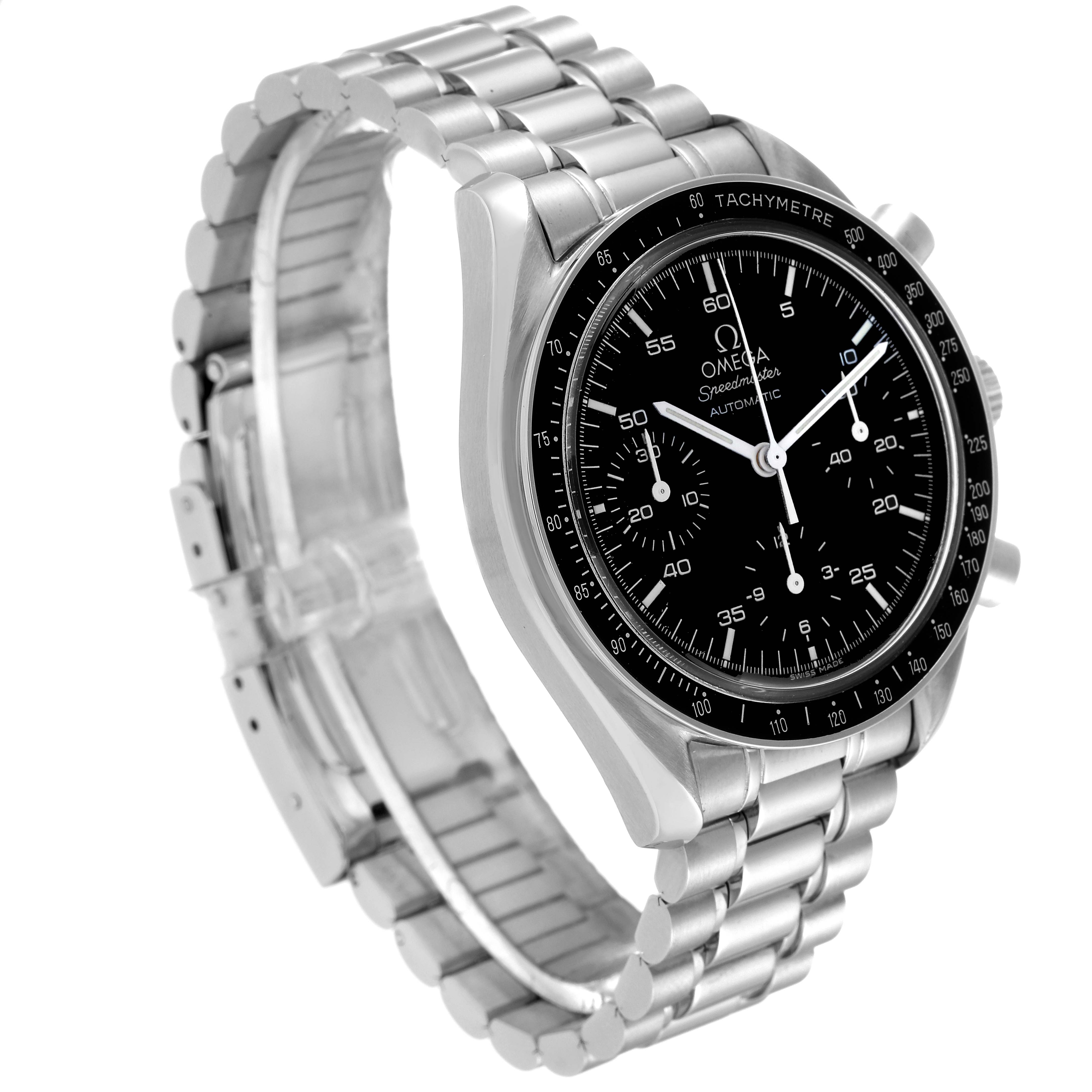 The Omega Speedmaster 3510.50.00 Men's Stainless Steel Black Dial 3510.50.00 Men's Stainless Steel Black Dial watch is shown from an angled front view, displaying its black dial, case, and metal bracelet.