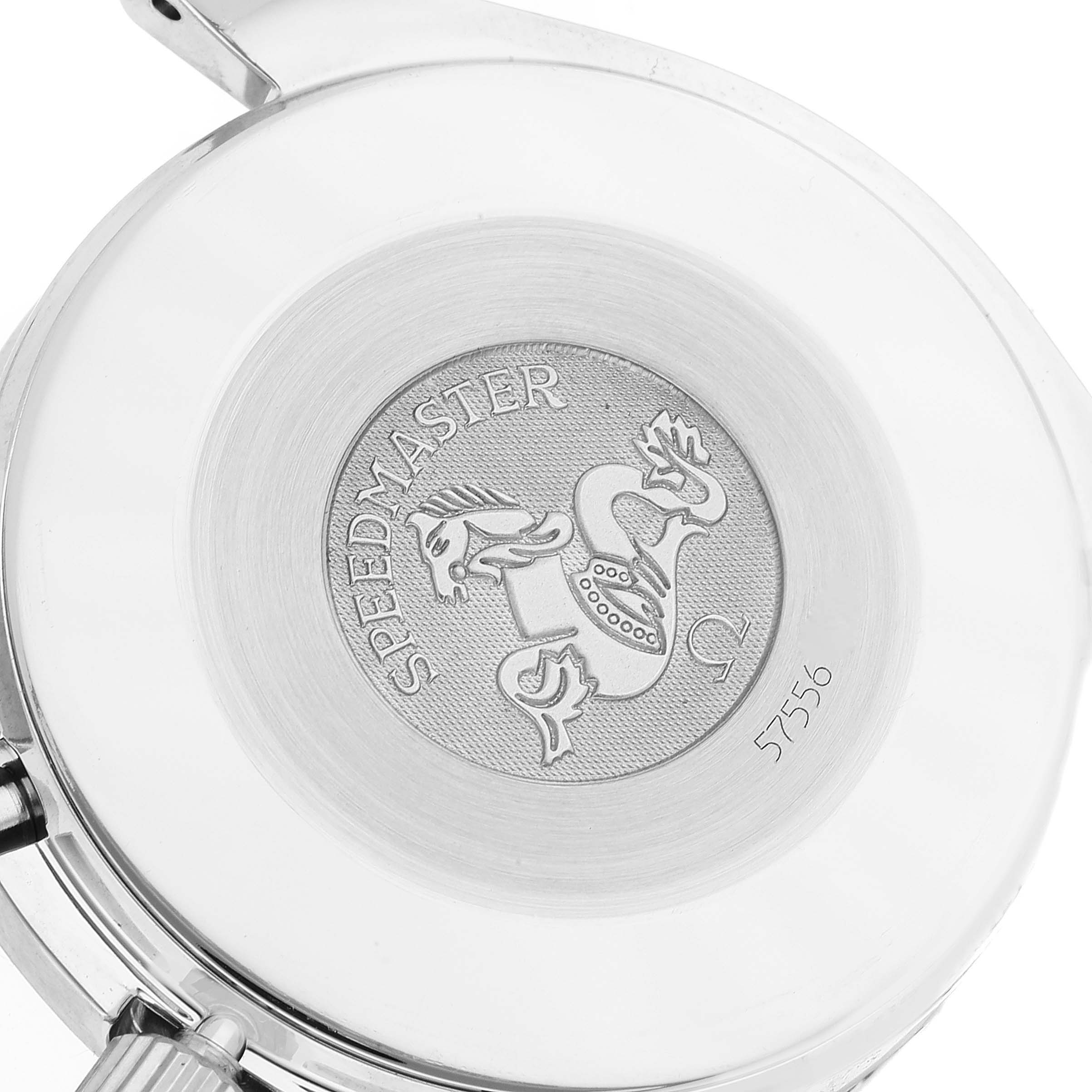 The image shows the case back of an Omega Speedmaster 3510.50.00 Men's Stainless Steel Black Dial 3510.50.00 Men's Stainless Steel Black Dial watch, featuring the Speedmaster logo and a serial number.