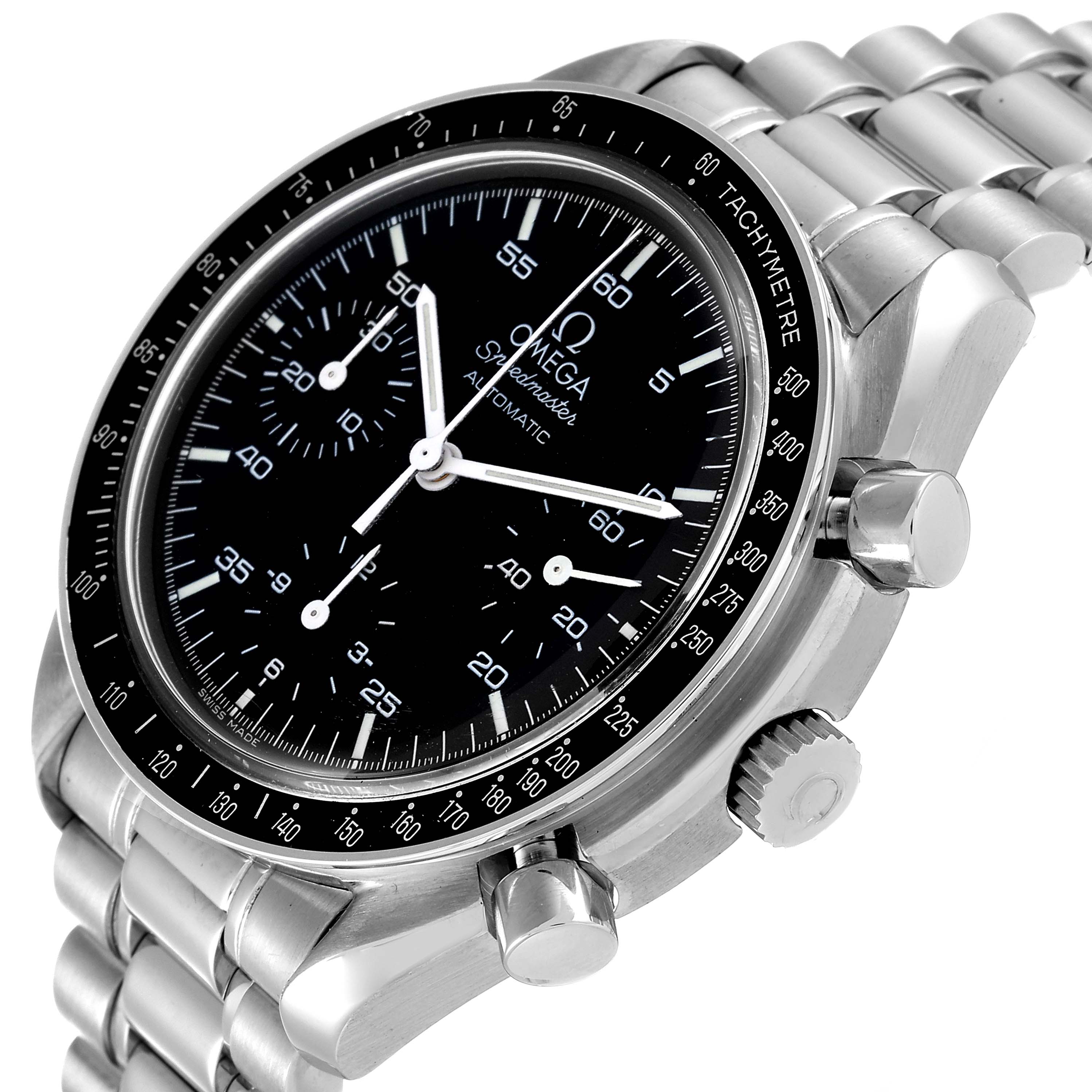 The image shows an angled view of the Omega Speedmaster 3510.50.00 Men's Stainless Steel Black Dial 3510.50.00 Men's Stainless Steel Black Dial watch, highlighting its dial, bezel, crown, and stainless steel bracelet.