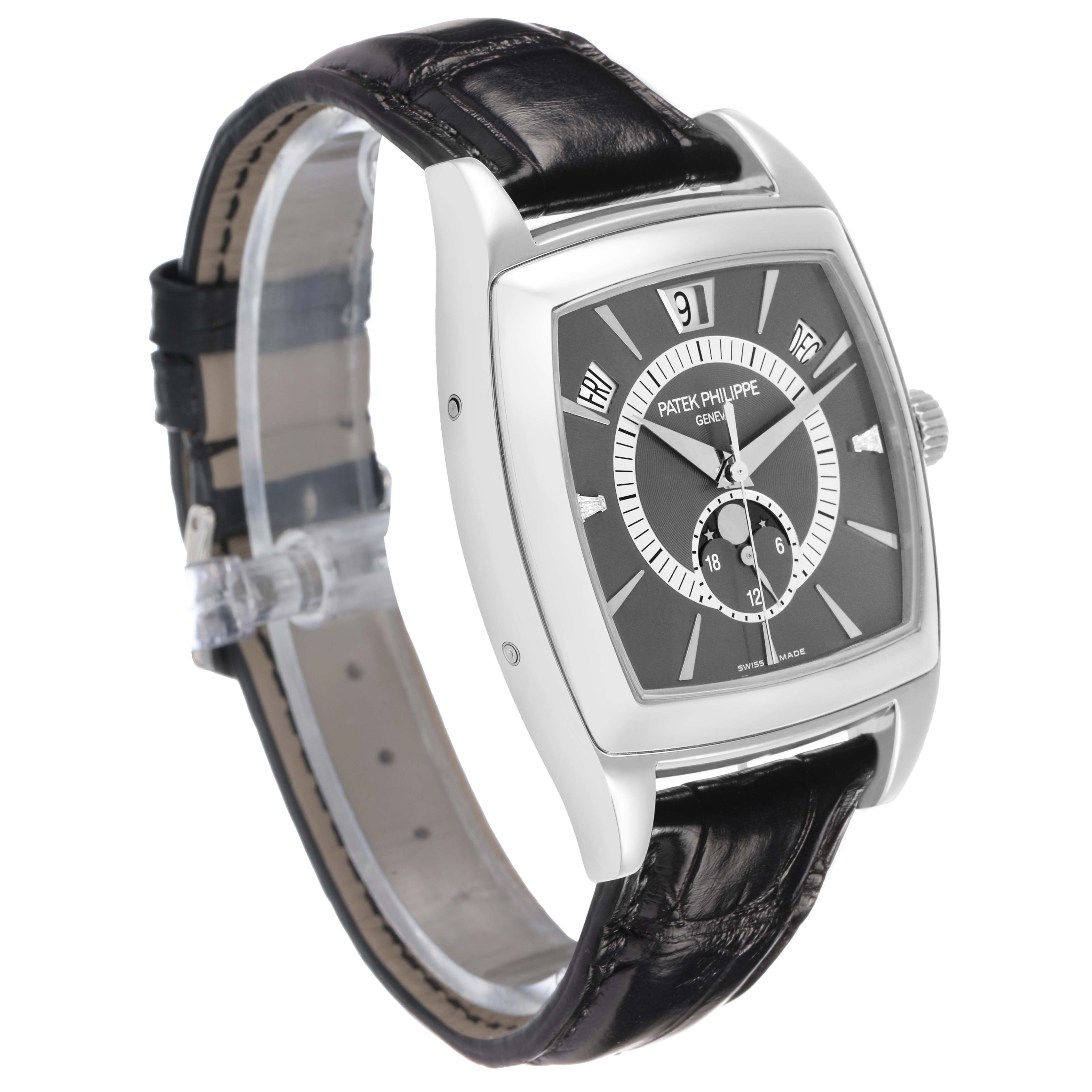 The Patek Philippe Gondolo 5135P Men's Platinum Grey Dial watch is viewed at an angled perspective, showing the dial, case, and leather strap.