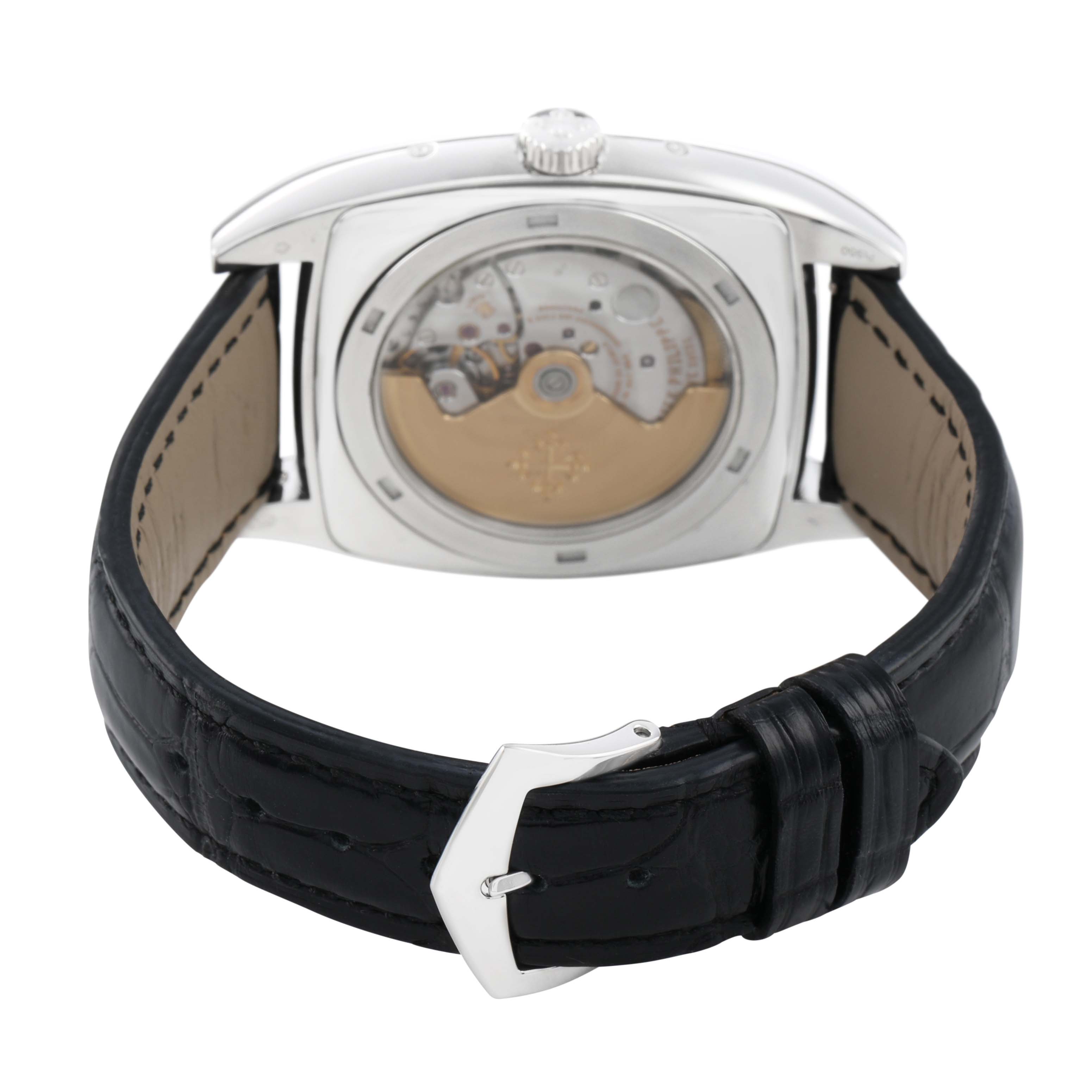 The Patek Philippe Gondolo 5135P Men's Platinum Grey Dial watch is shown from the back, featuring the movement through a transparent case back, with a black leather strap.