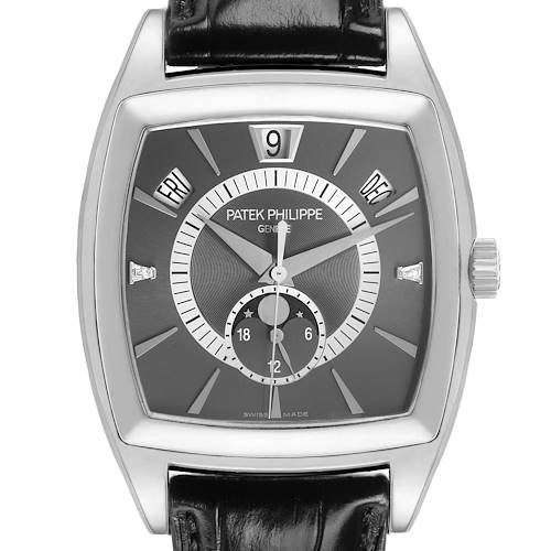 The Patek Philippe Gondolo 5135P Men's Platinum Grey Dial watch is shown front-facing, highlighting its dial, case, and crown.