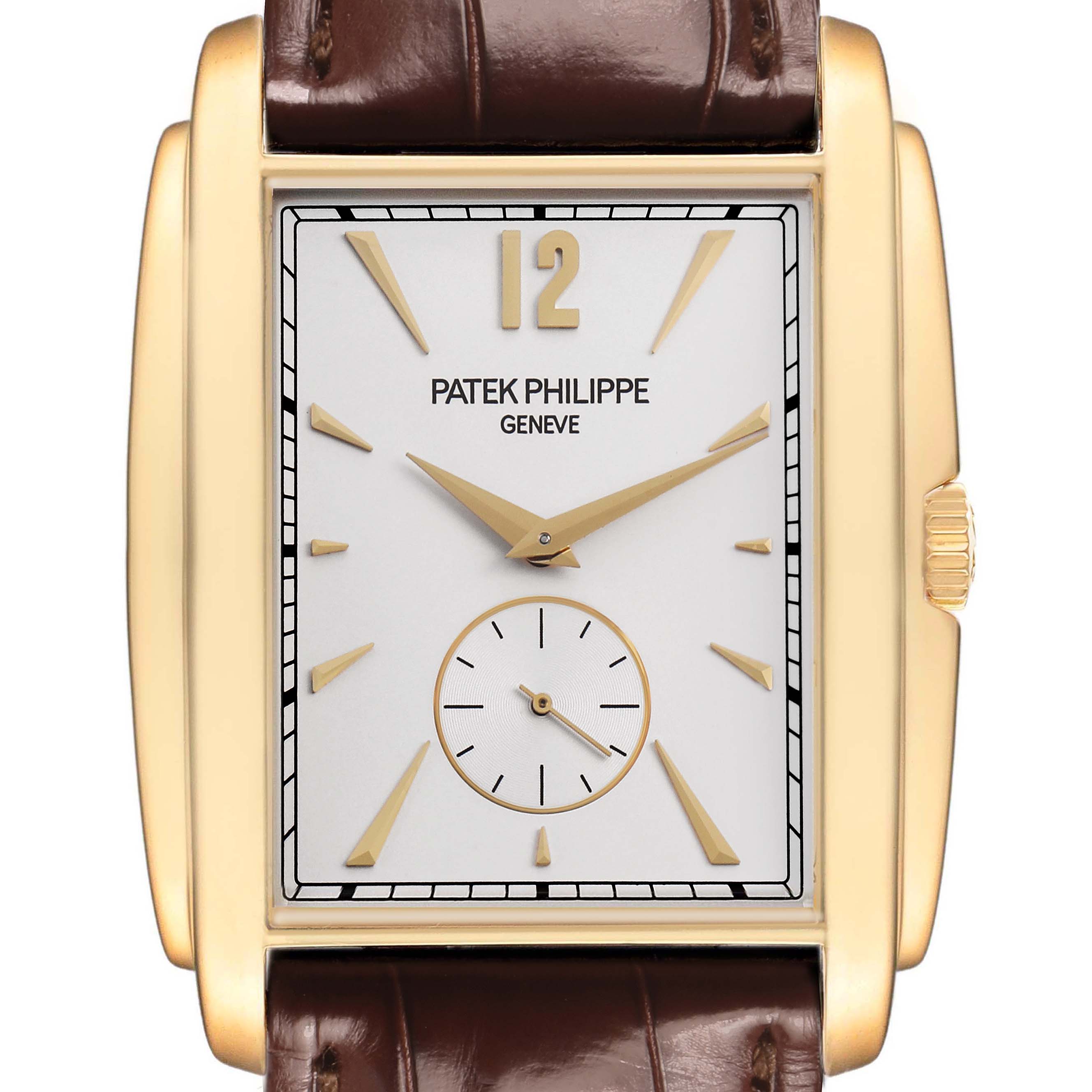 The Patek Philippe Gondolo 5124J-001 Men's Yellow Gold Silver Dial watch is shown from the front, displaying the dial, hands, and part of the leather strap.