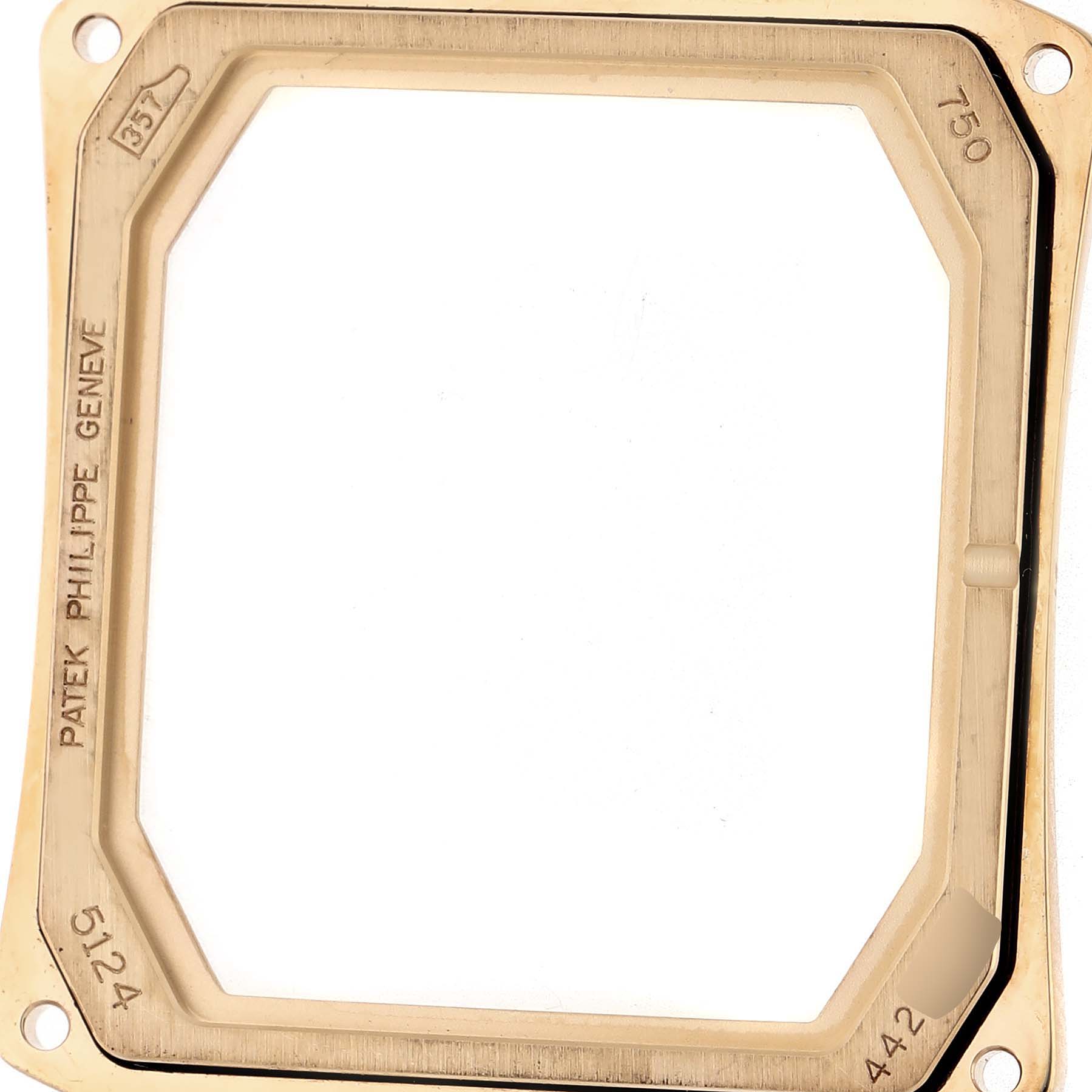 The image shows the rectangular bezel of a Patek Philippe Gondolo 5124J-001 Men's Yellow Gold Silver Dial watch, viewed from the front.