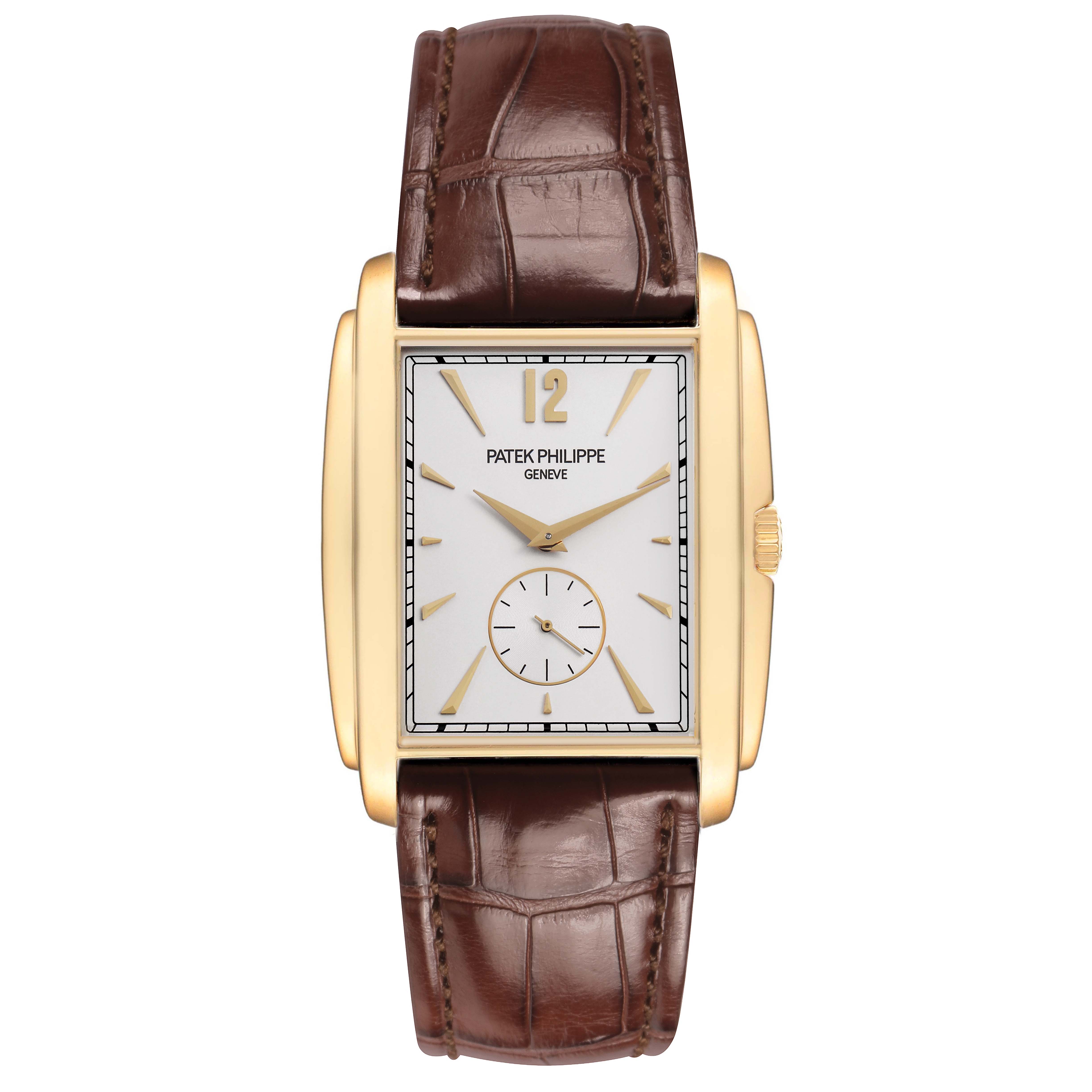 The Patek Philippe Gondolo 5124J-001 Men's Yellow Gold Silver Dial watch is shown from the front, highlighting its rectangular case, dial, and leather strap.